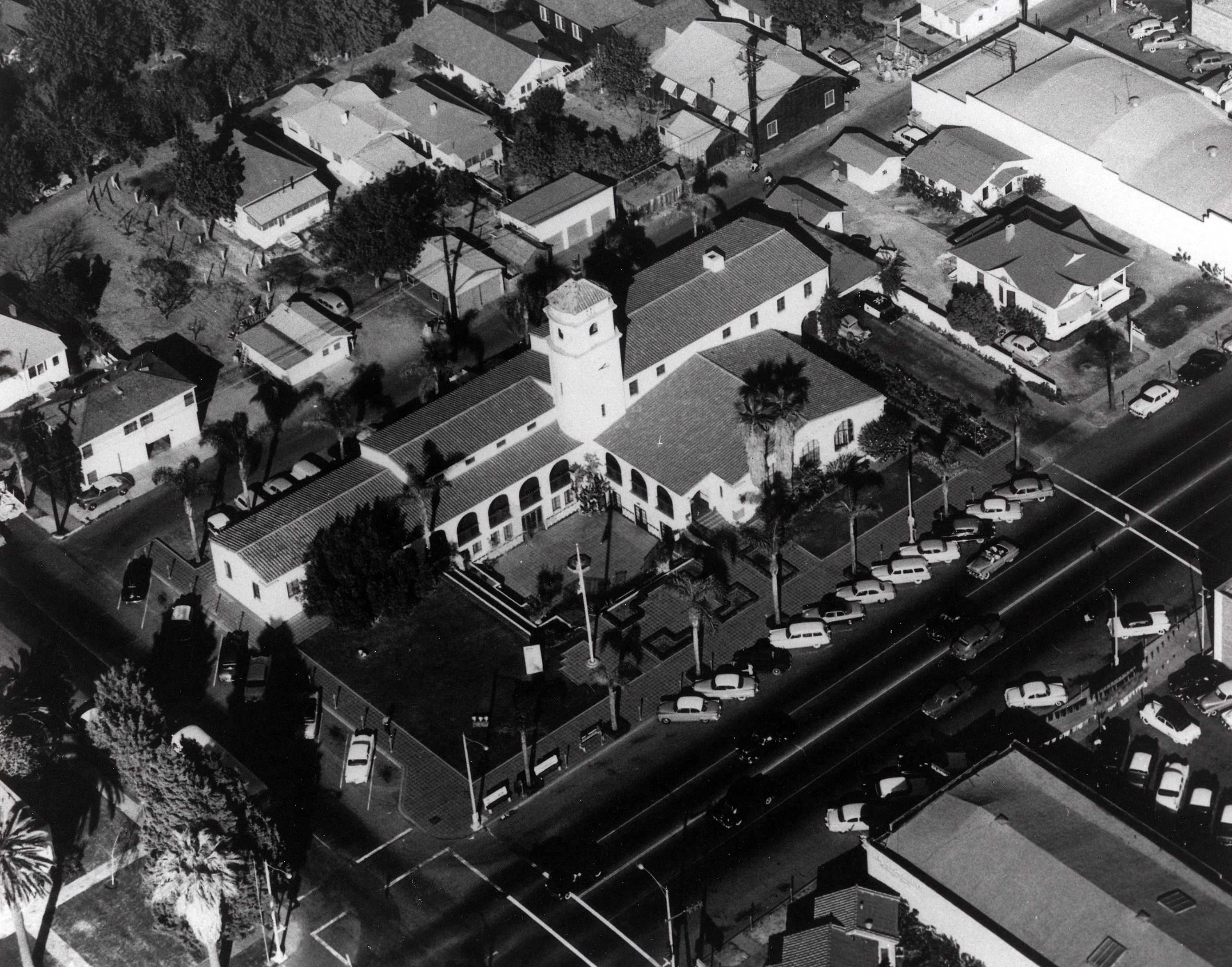 A black and white photograph of an aerial view of Fullerton City Hall circa 1950s.