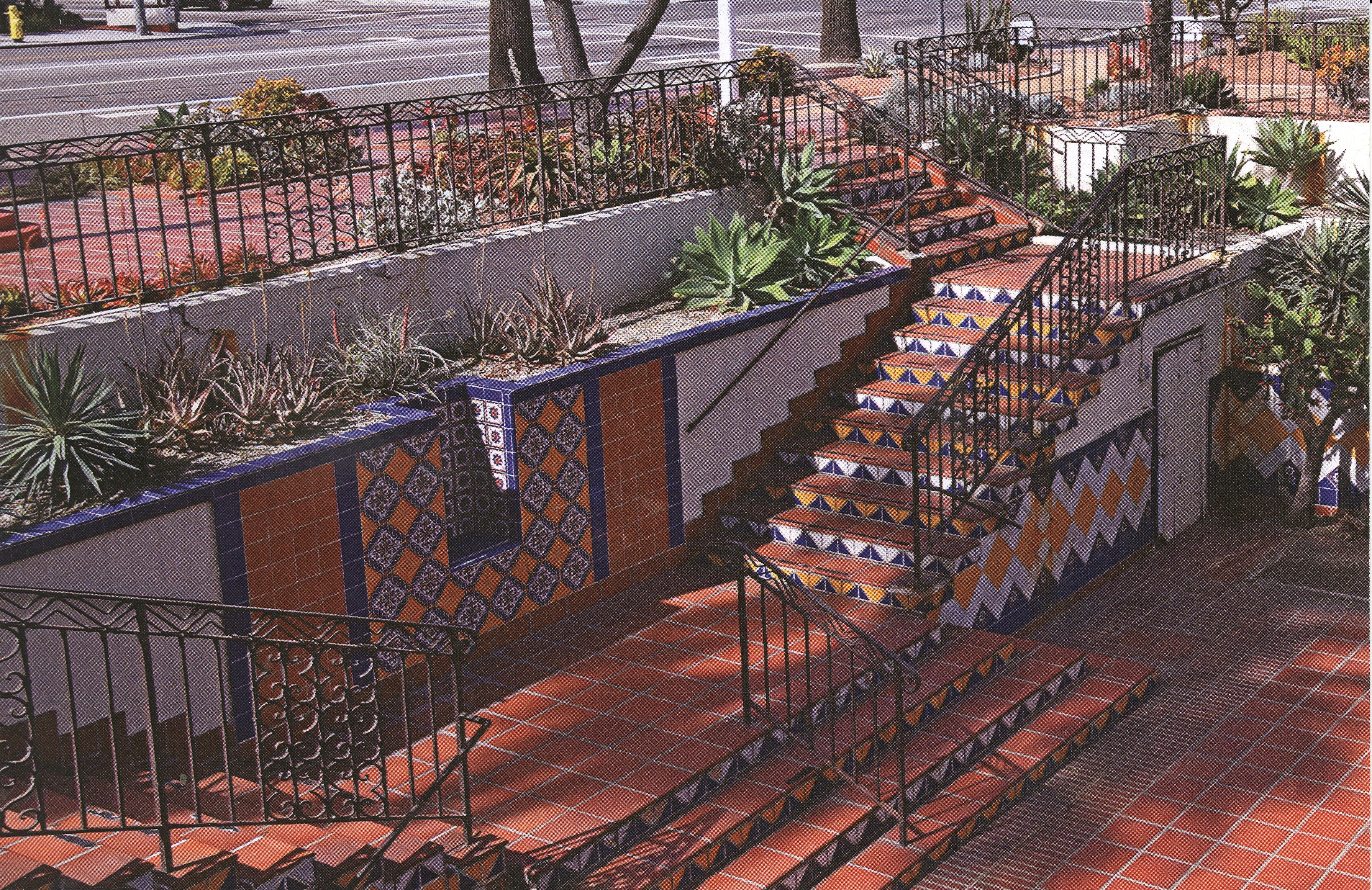 A colored photo of the tiles at Fullerton City Hall from Gladding, McBean &amp; Company.