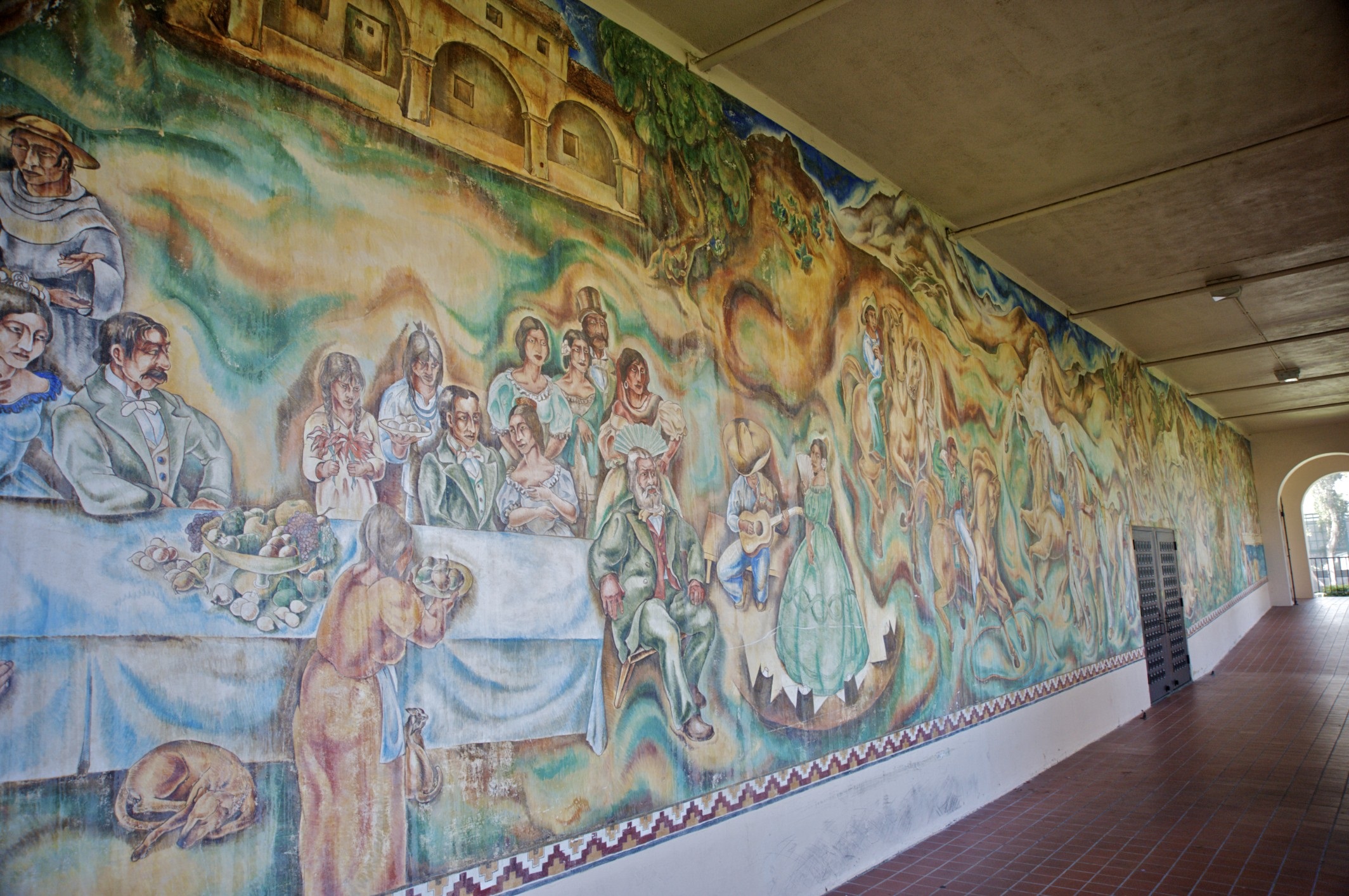 A colored photo of the Kassler Mural at the Fullerton Union High School Auditorium, taken in 2009.