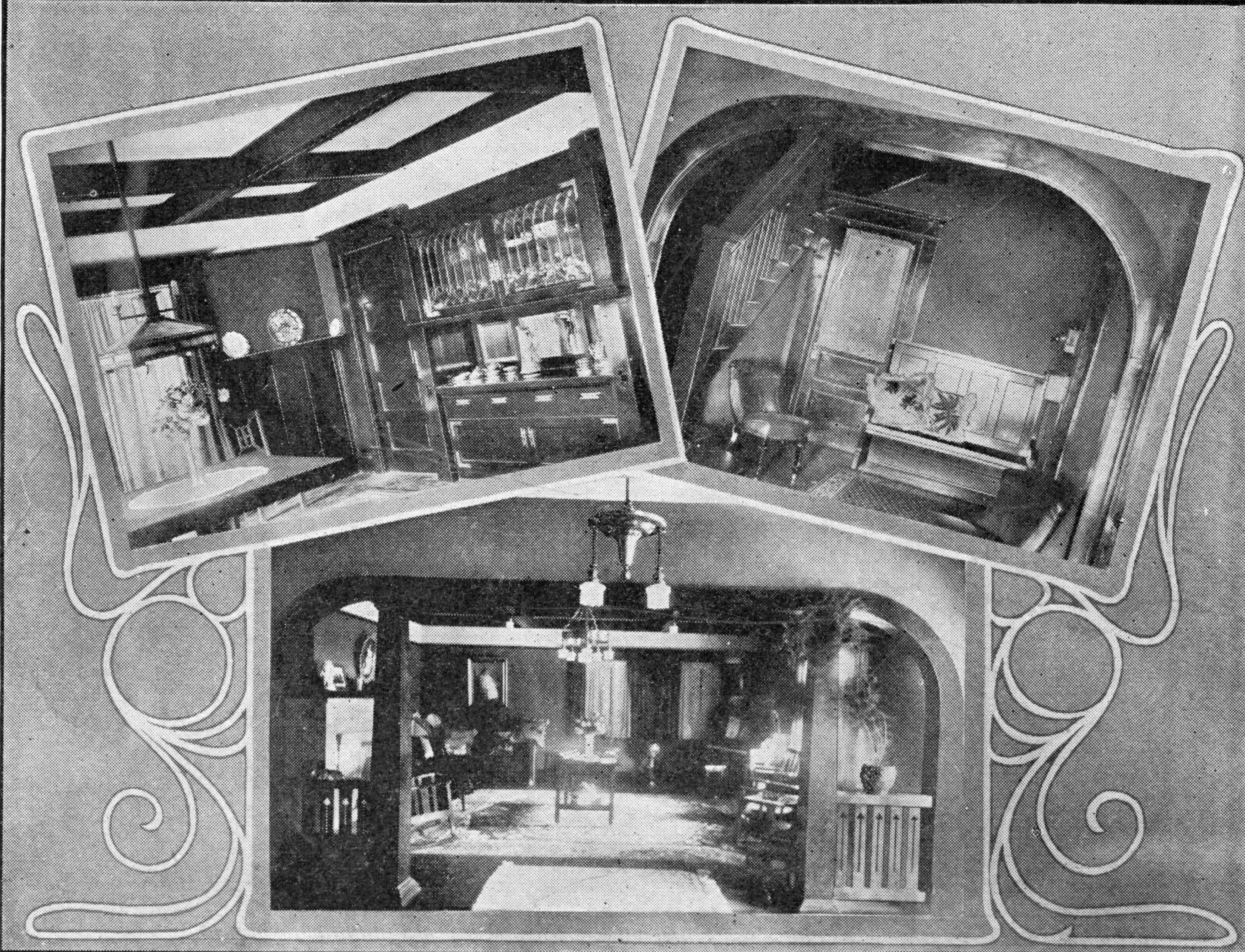 A black and white photo collection of three interior scenes of the William Hale House in 1909.