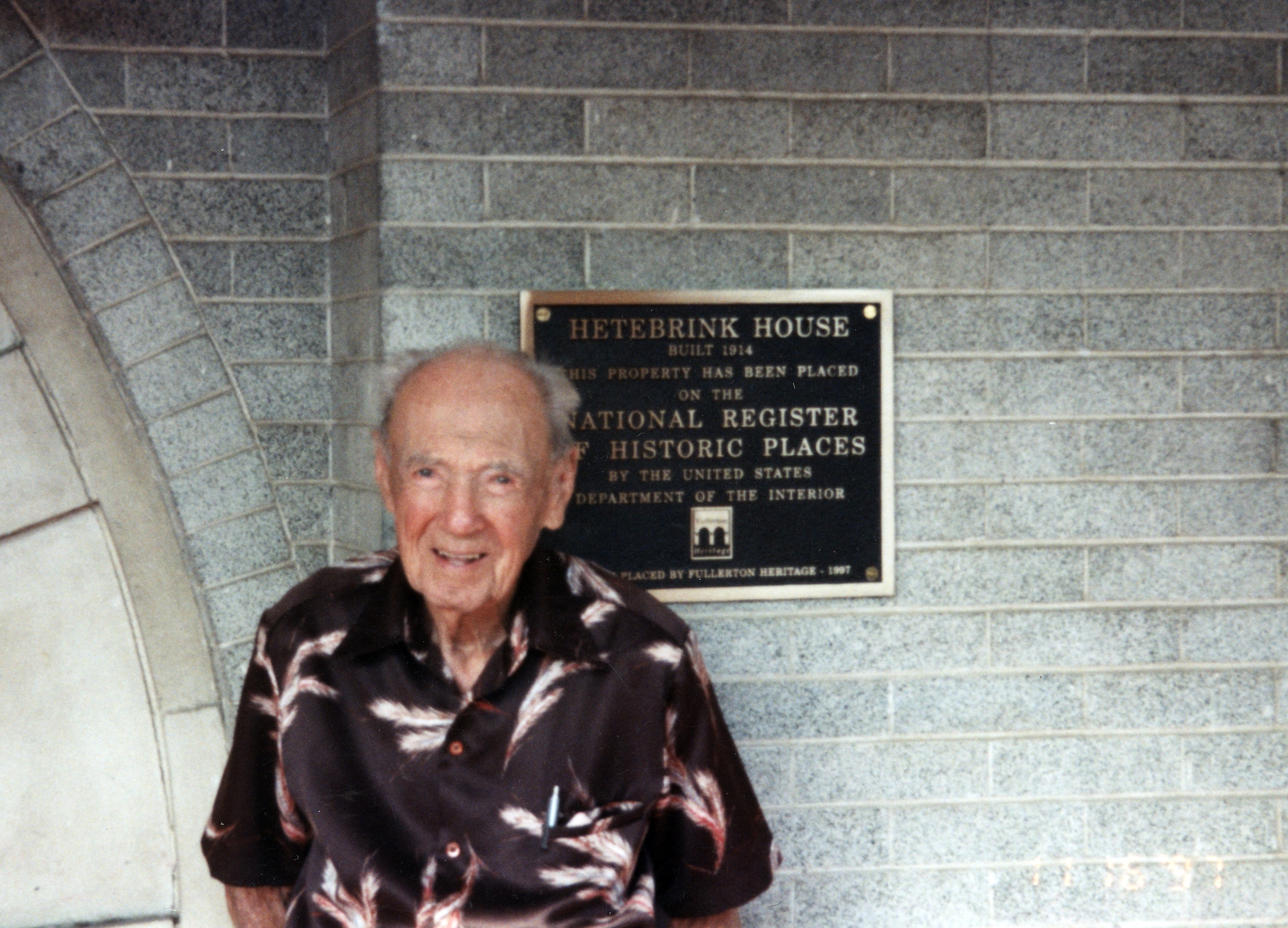 A colored photo of Albert Hetebrink of the John Hetebrink House at the plaque ceremony in 1997.