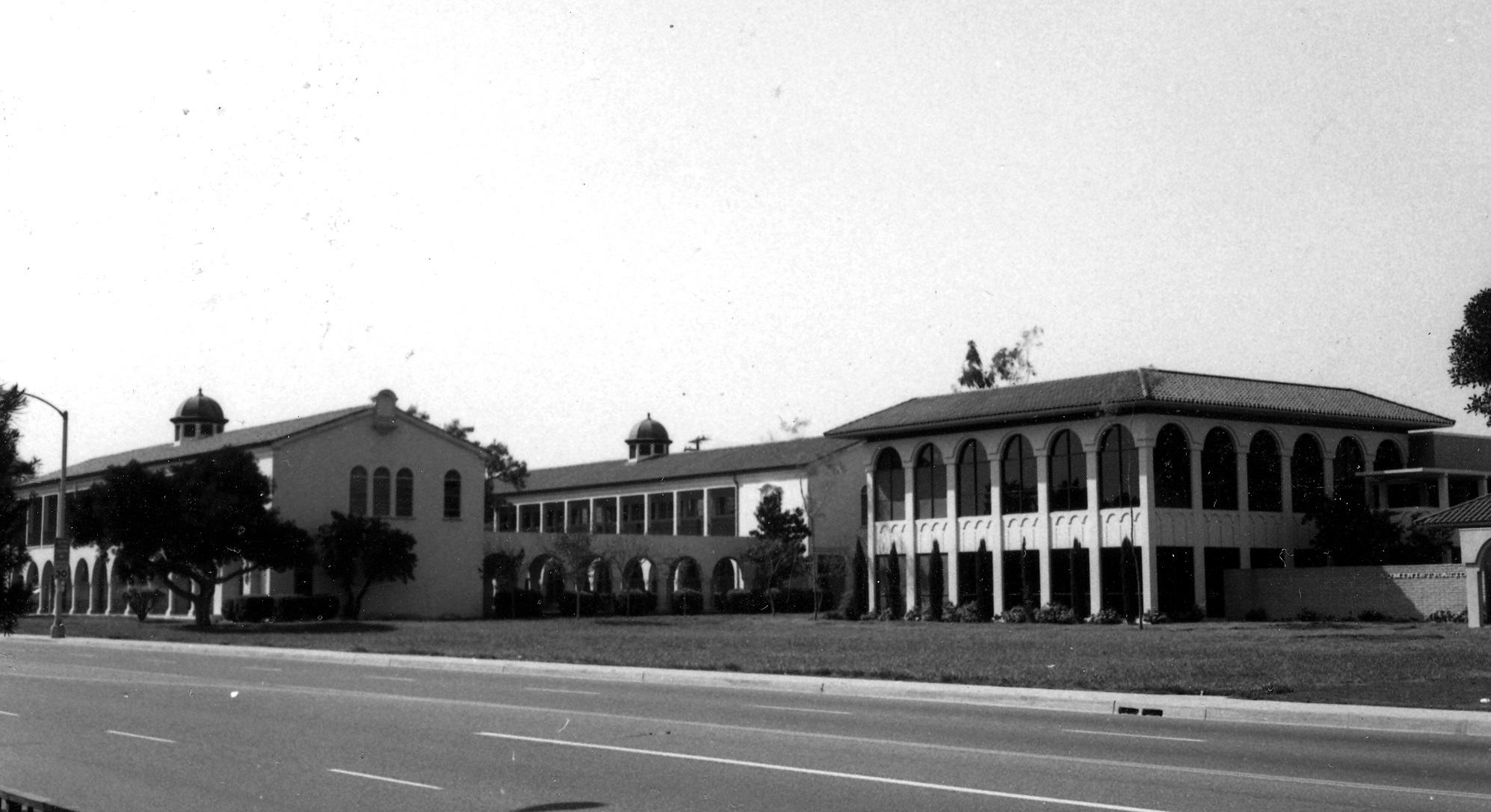 A black and white photograph of FUHS Science Building 1 &amp; 2 for the Historical Building Survey in 1978.