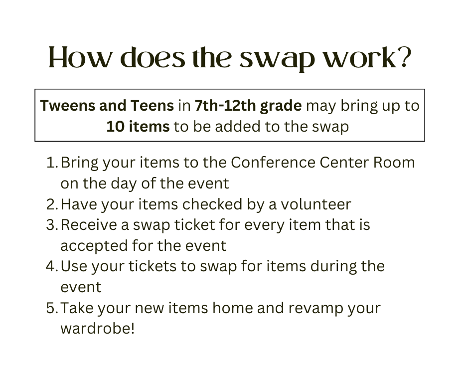 A list of rules for how the teen clothing swap works.
