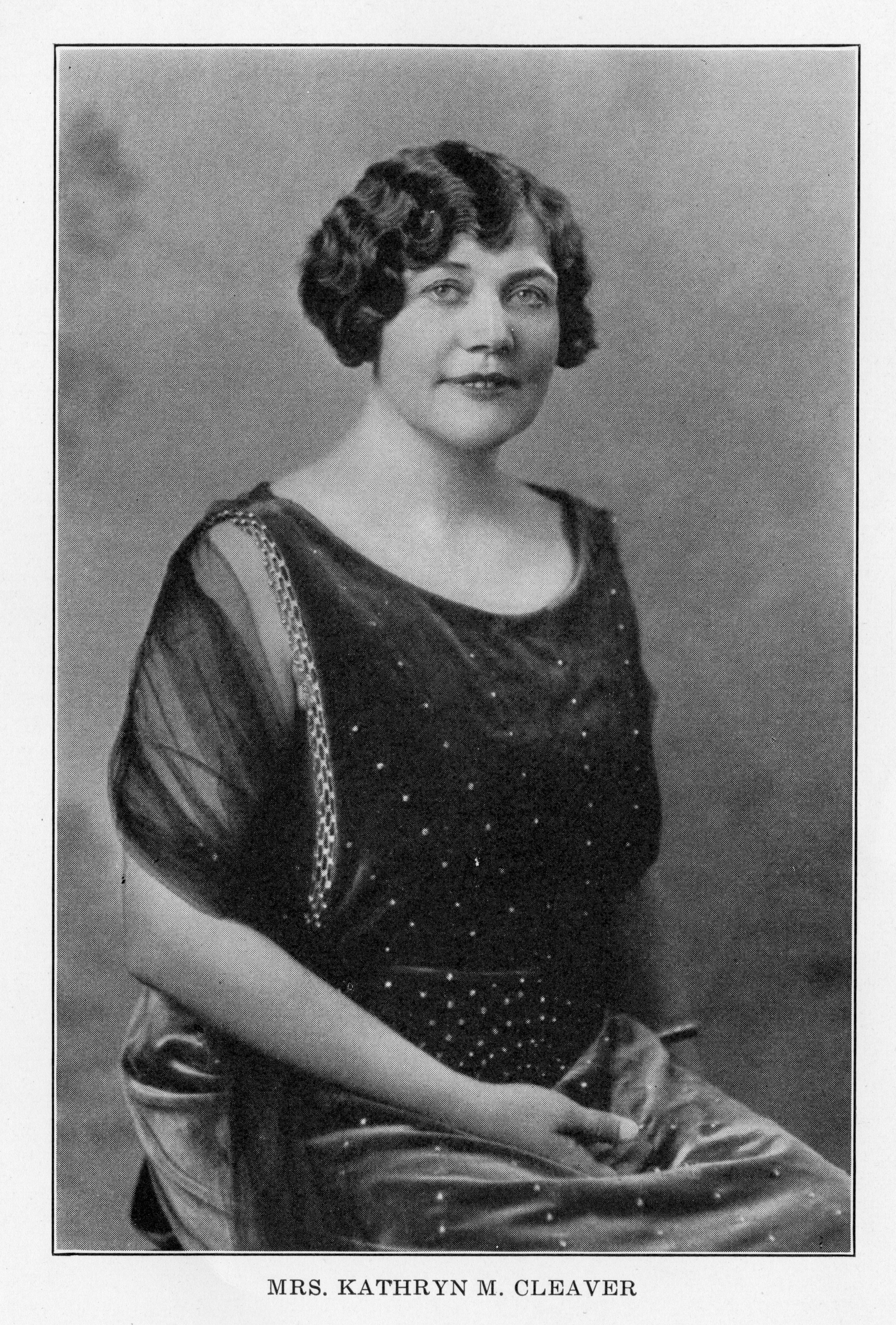 A black and white portrait photograph of Kathryn Cleaver in 1931. The bottom of the photo reads: Mrs. Kathryn M. Cleaver.