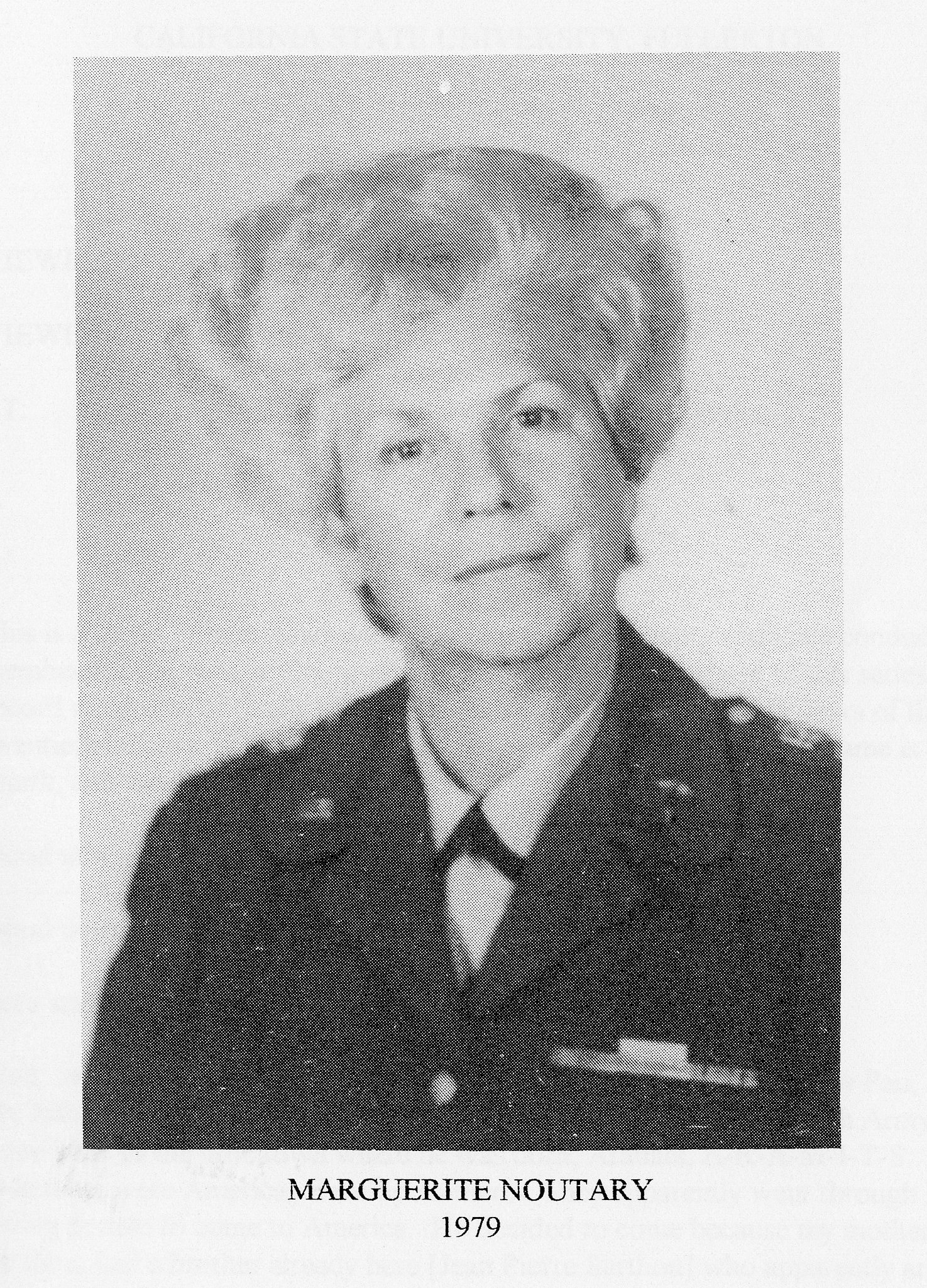 A black and white portrait photograph of Marguerite Noutary in 1979.