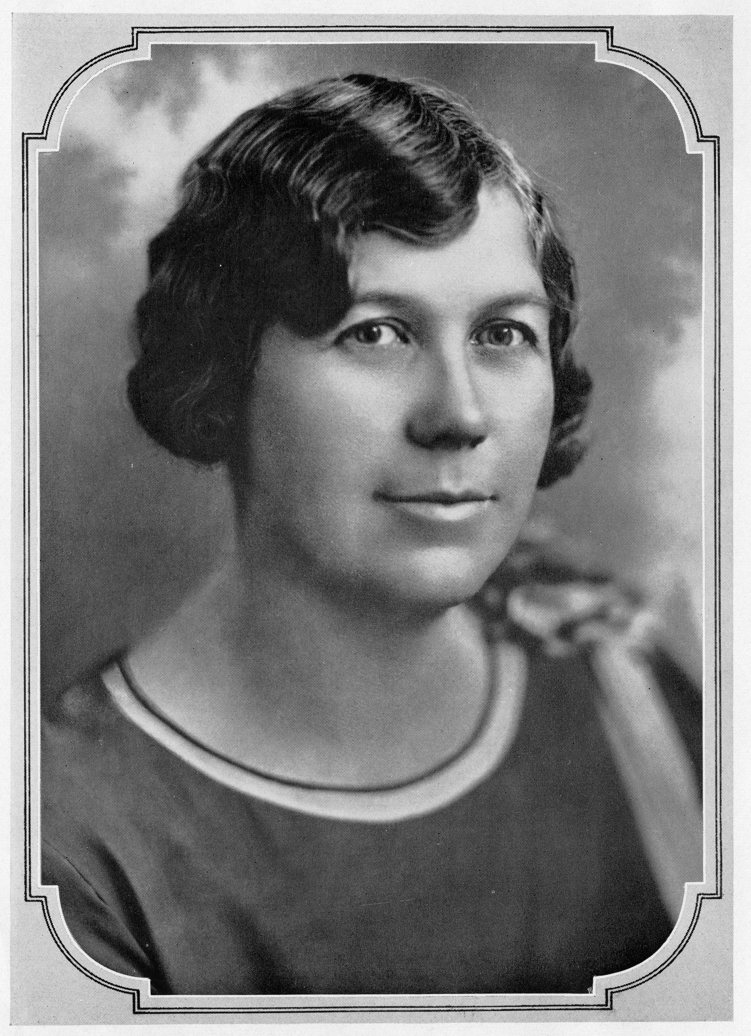 A black and white portrait photograph of Myrtle Stuelke in 1929.