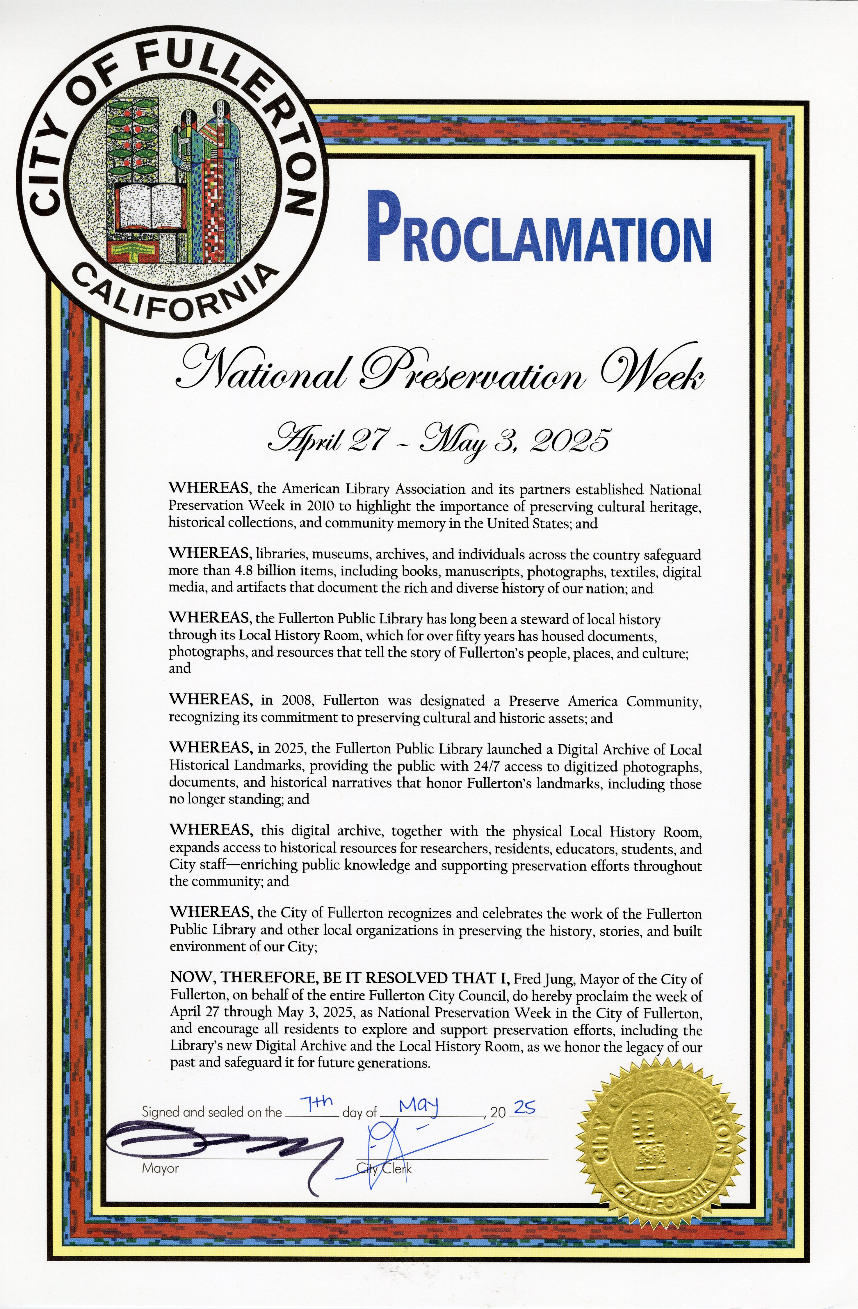 Photograph of City Council Proclamation honoring the Library's Digital Archive