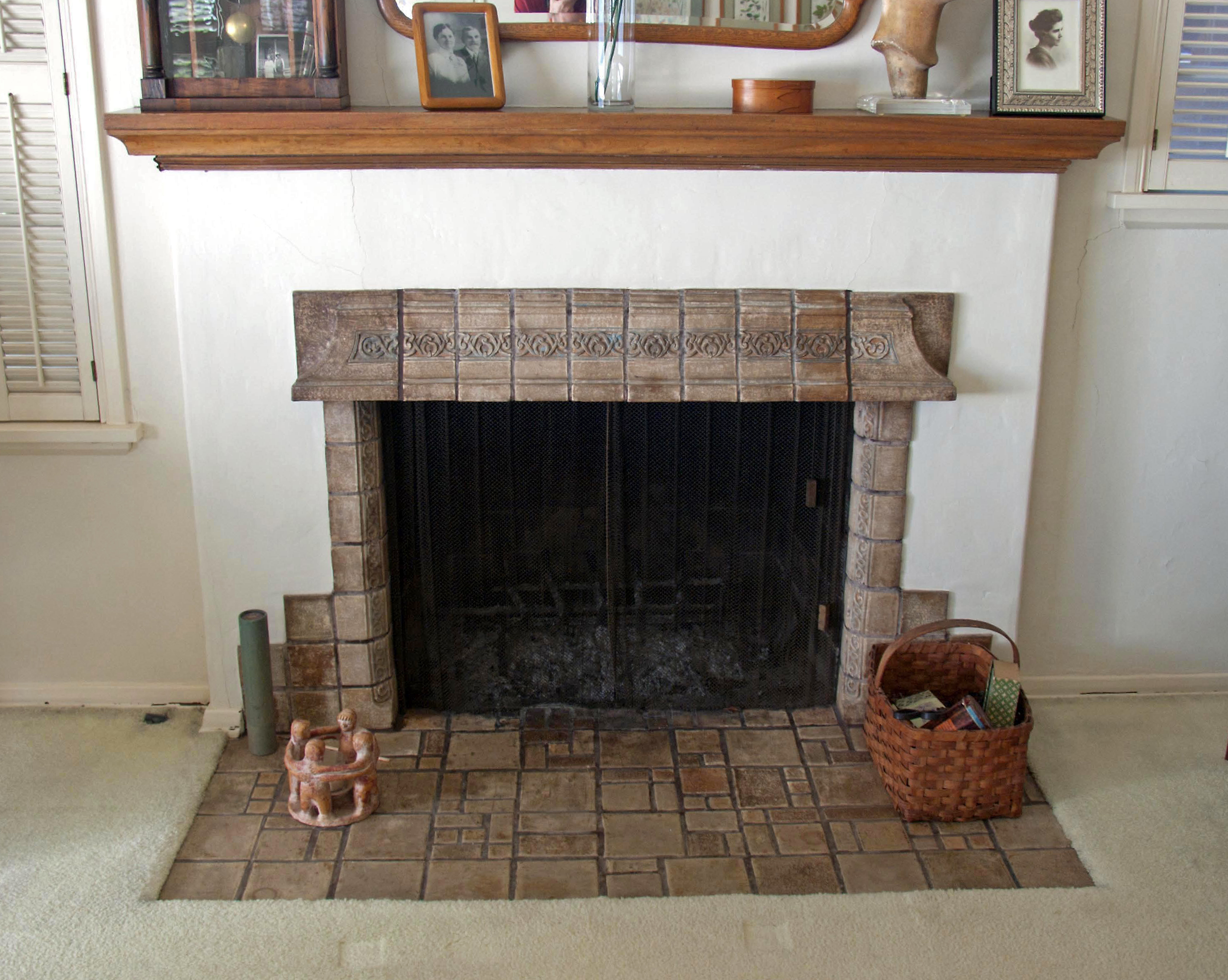 A colored photo of the Batchelder fireplace inside the Arthur Thompson House in 2017.