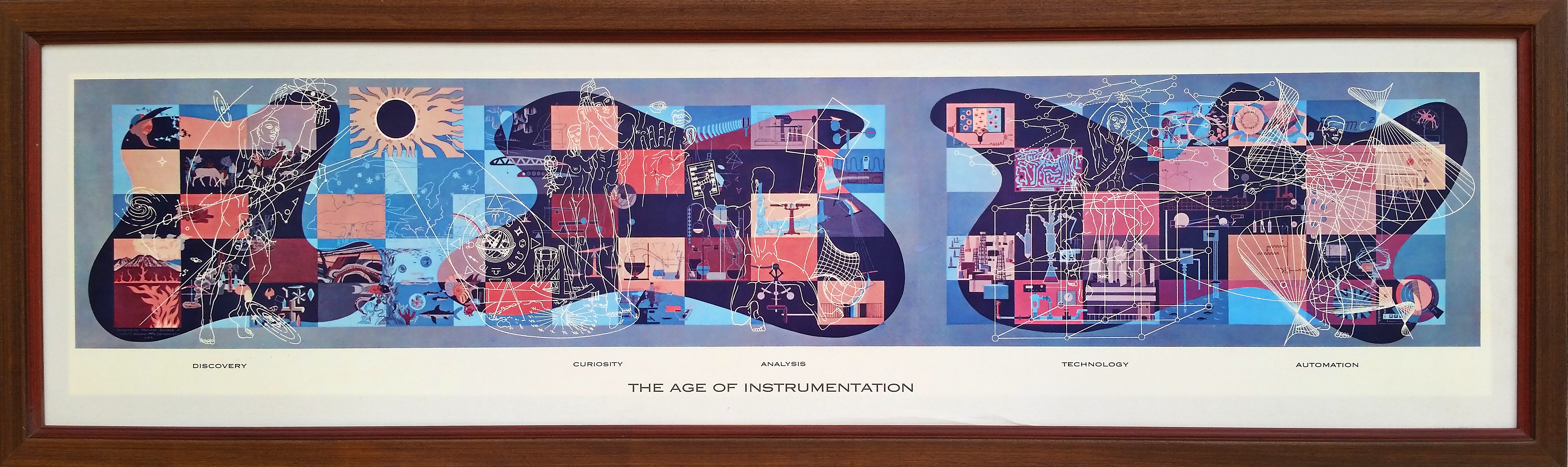 A colored photo of the lobby mural inside the Beckman Instruments Administration Building.