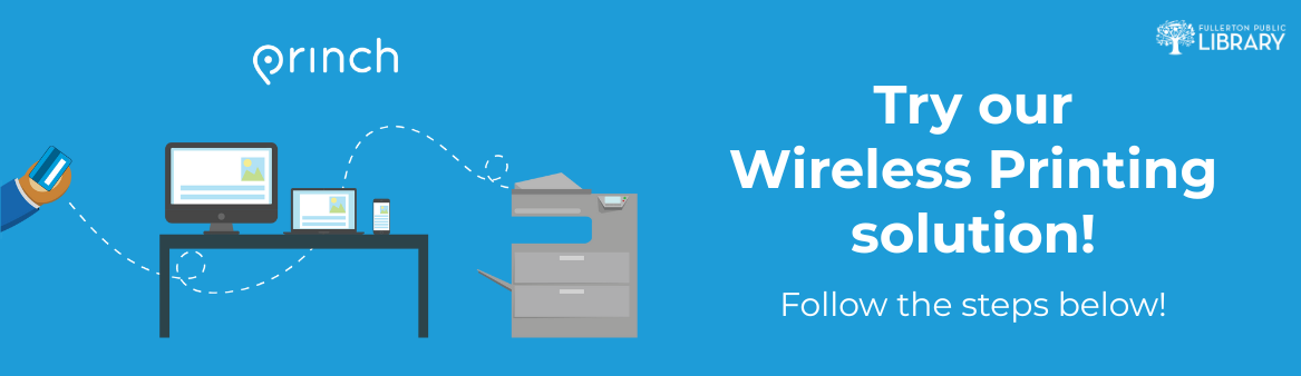 Try our wireless printing solution! Follow the steps below! A hand holds a payment card next to a desktop computer, laptop, and mobile phone. A dashed line connects the payment card through the laptop through a paper document floating in the air to a printer.