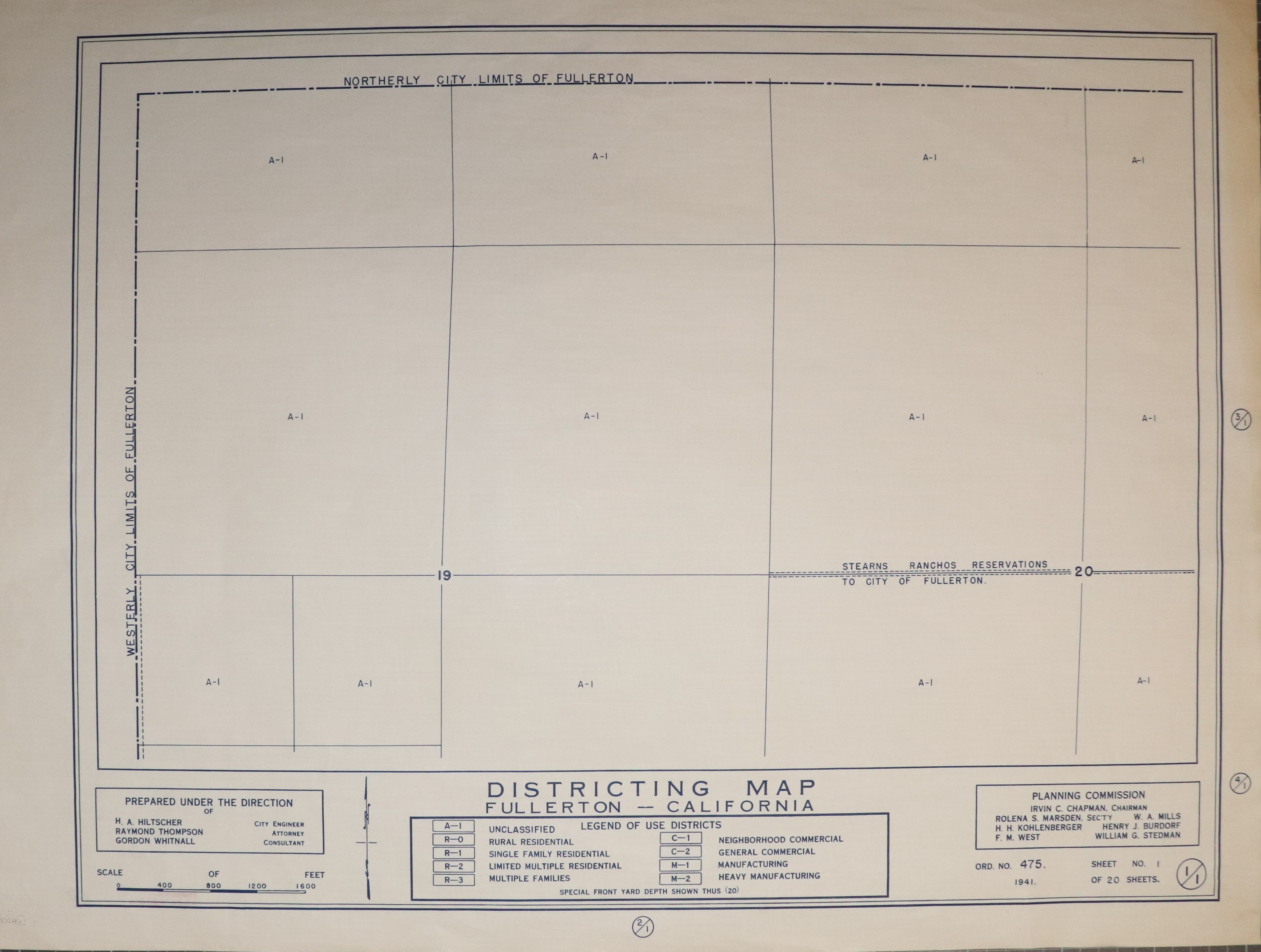 A digital scan of the Fullerton Districting Map 1-1 from 1941.