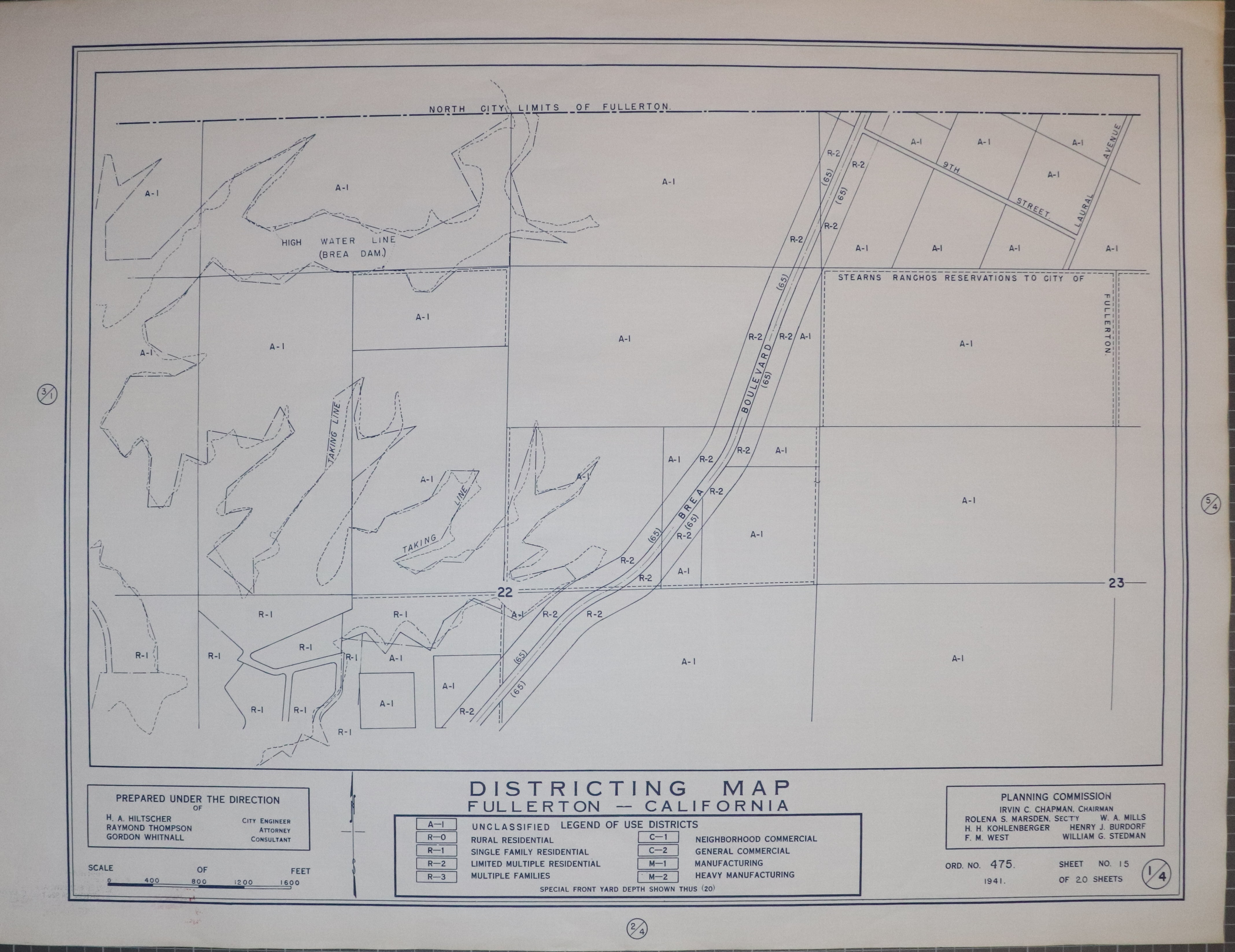 A digital scan of the Fullerton Districting Map 4-1 from 1941.