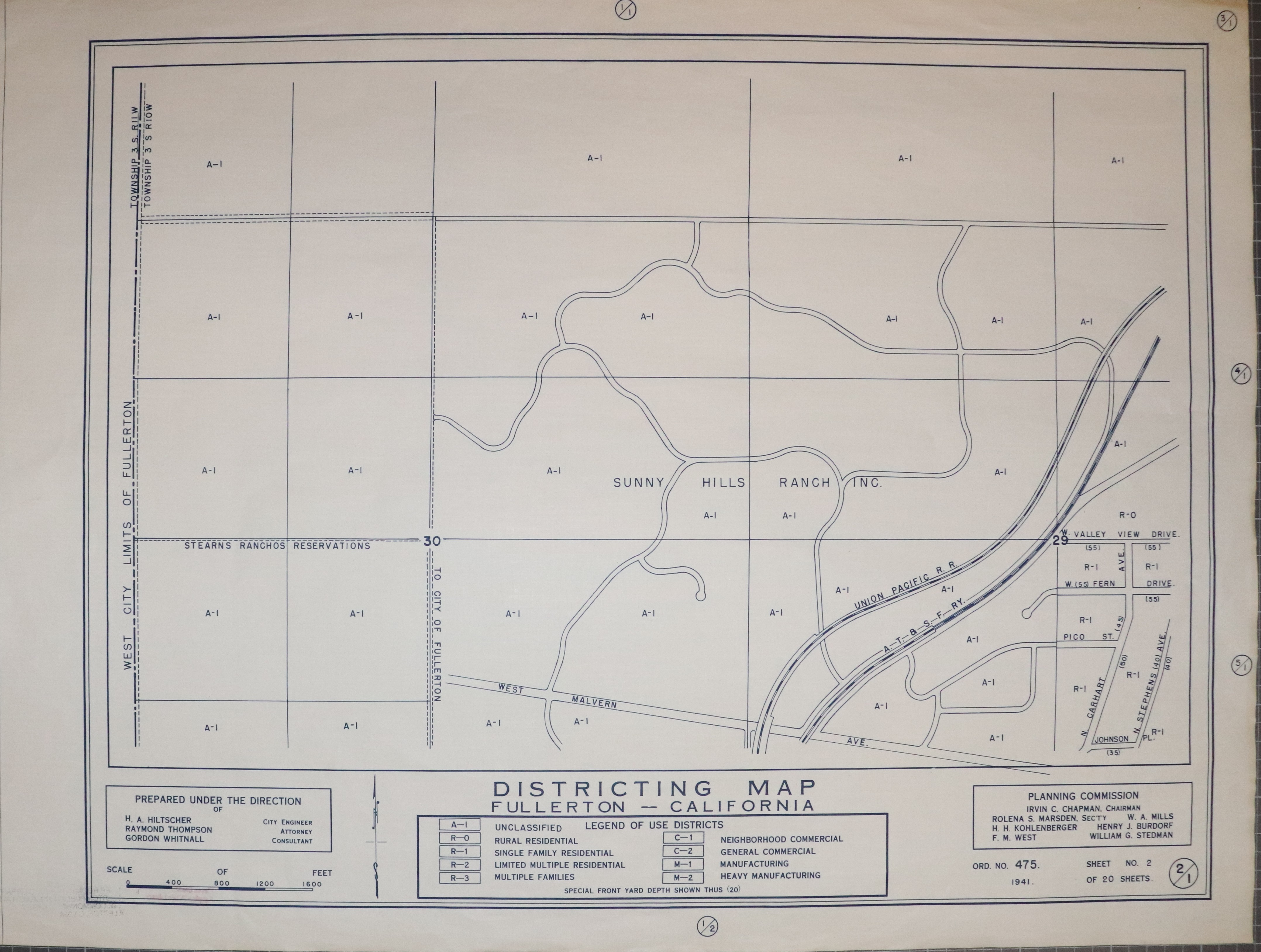 A digital scan of the Fullerton Districting Map 1-2 from 1941.