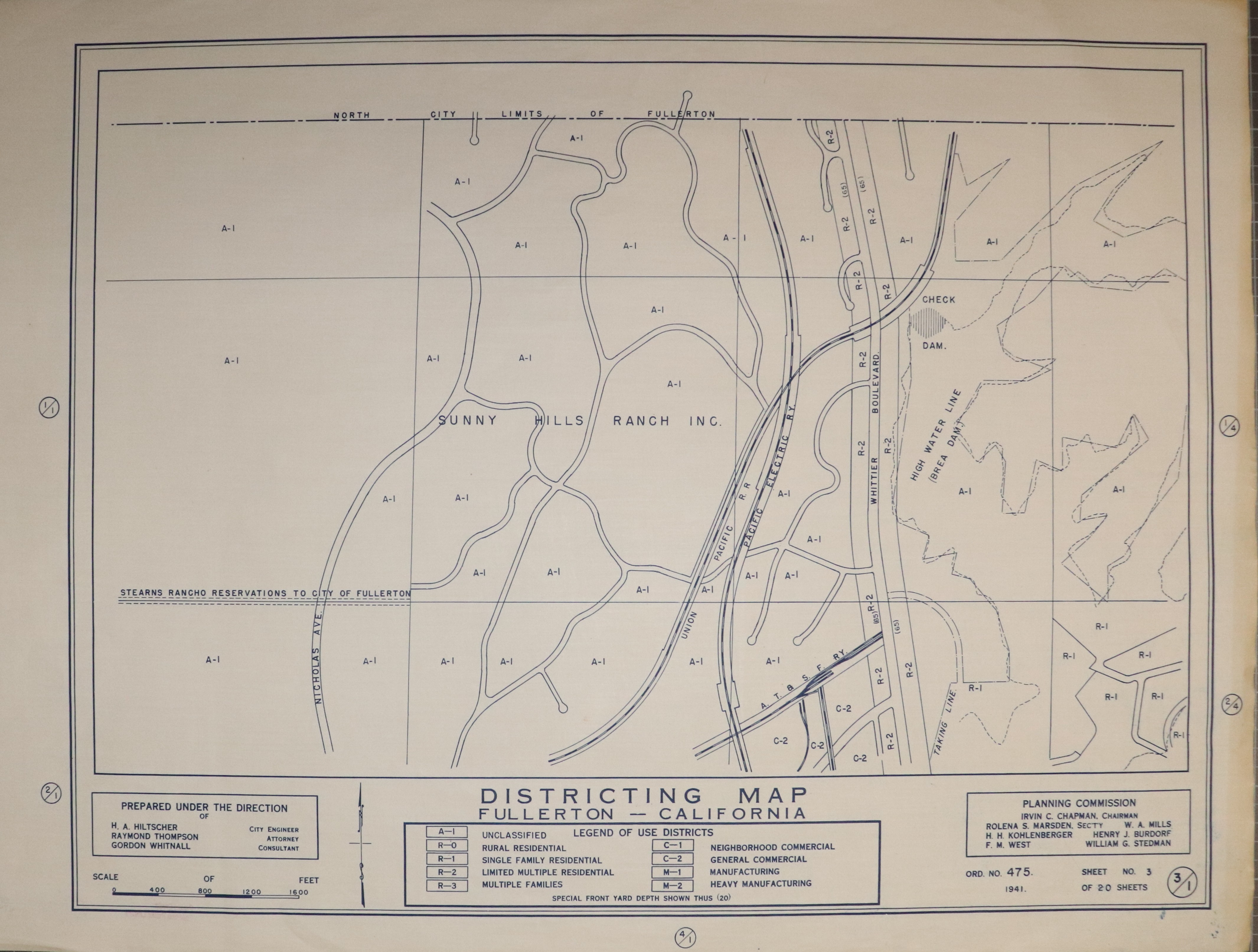 A digital scan of the Fullerton Districting Map 1-3 from 1941.