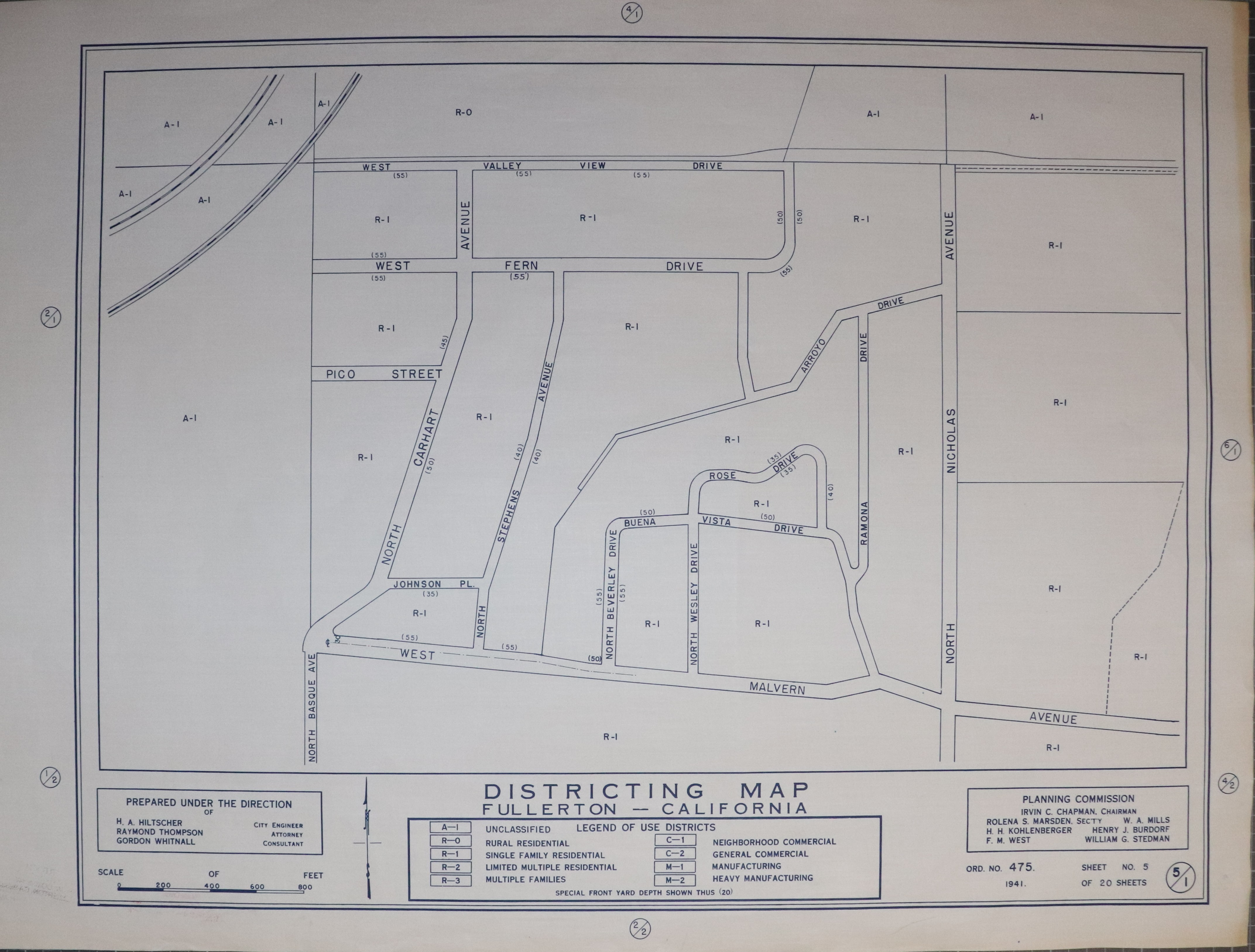 A digital scan of the Fullerton Districting Map 1-5 from 1941.