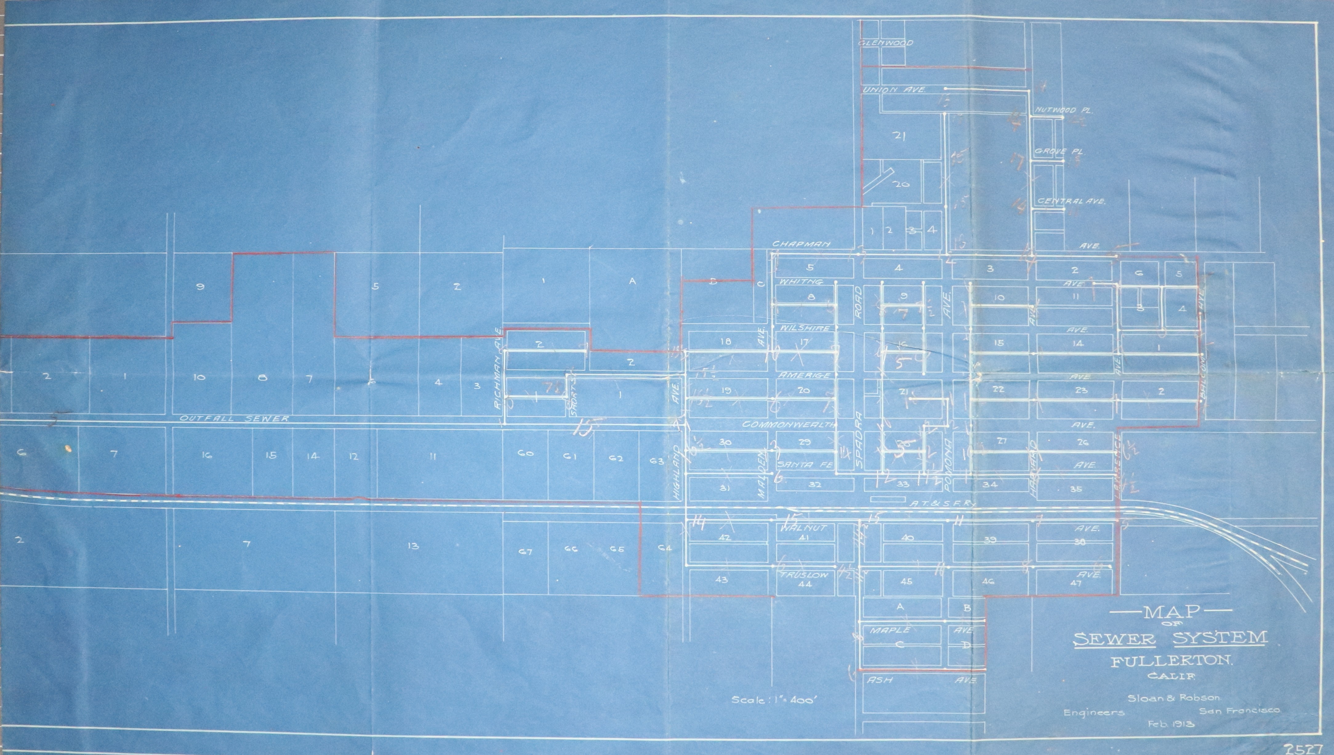A digital scan of the City of Fullerton Sewer System (side A) map from 1913.