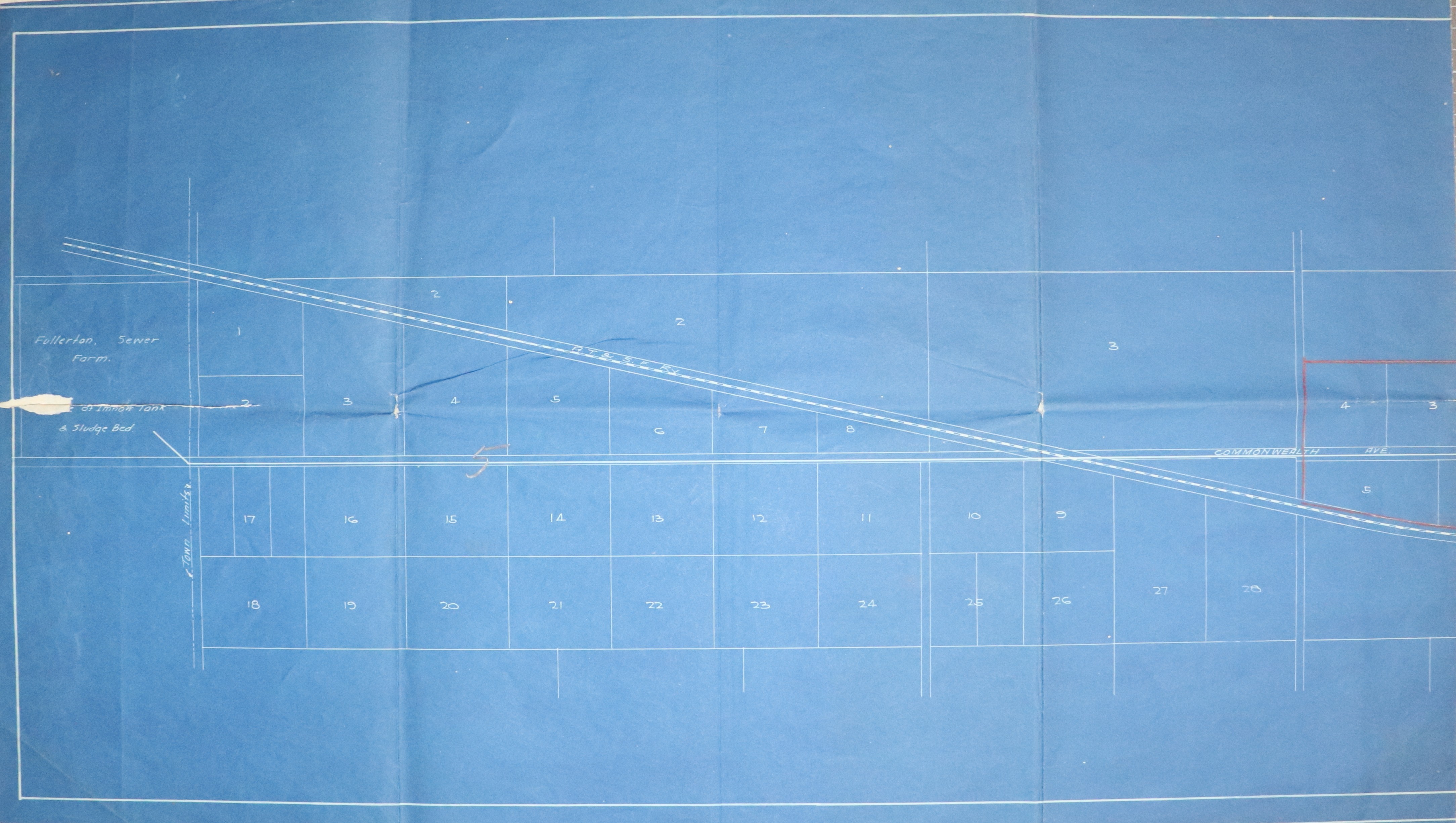 A digital scan of the City of Fullerton Sewer System (side B) map from 1913.