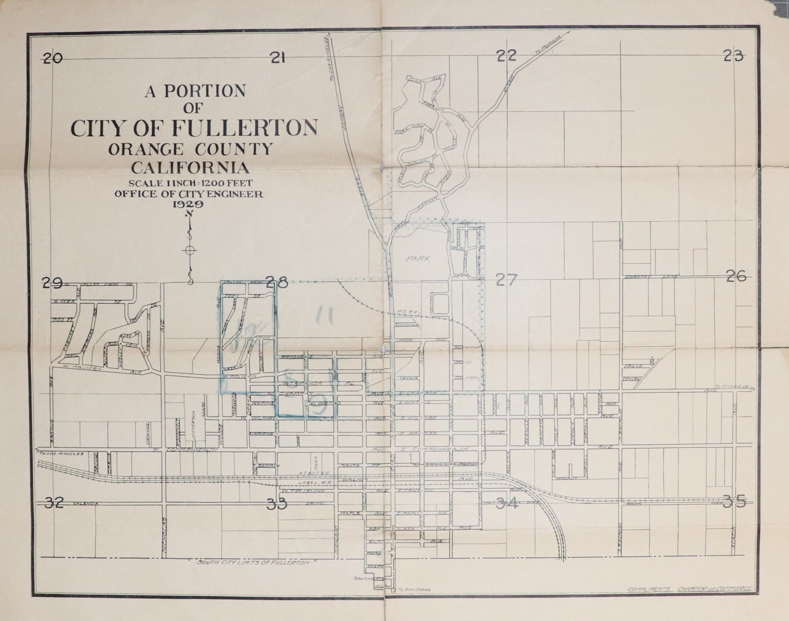 A digital scan of the City of Fullerton Engineering Department map from 1929.