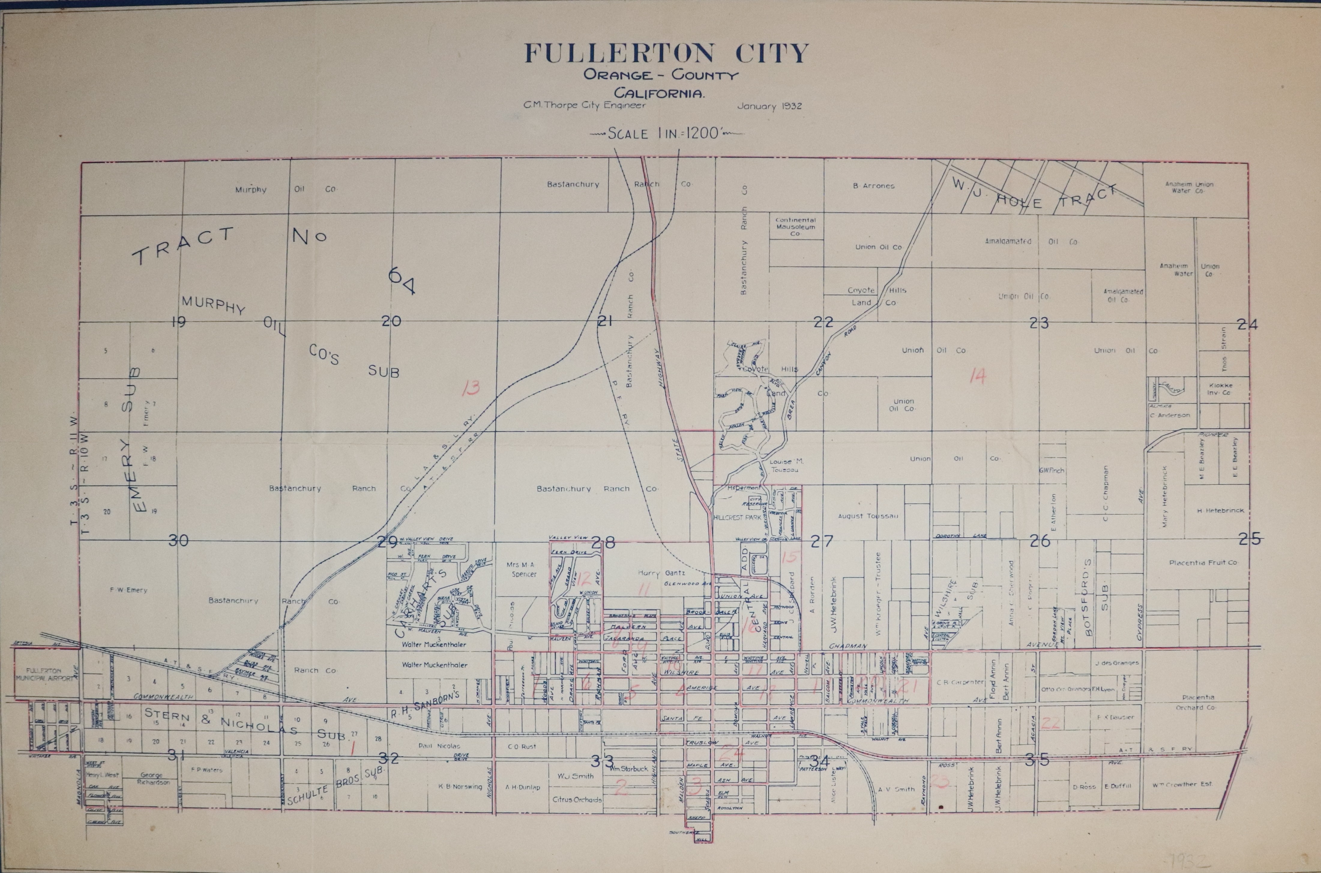 A digital scan of the City of Fullerton Engineering Department map from 1932.