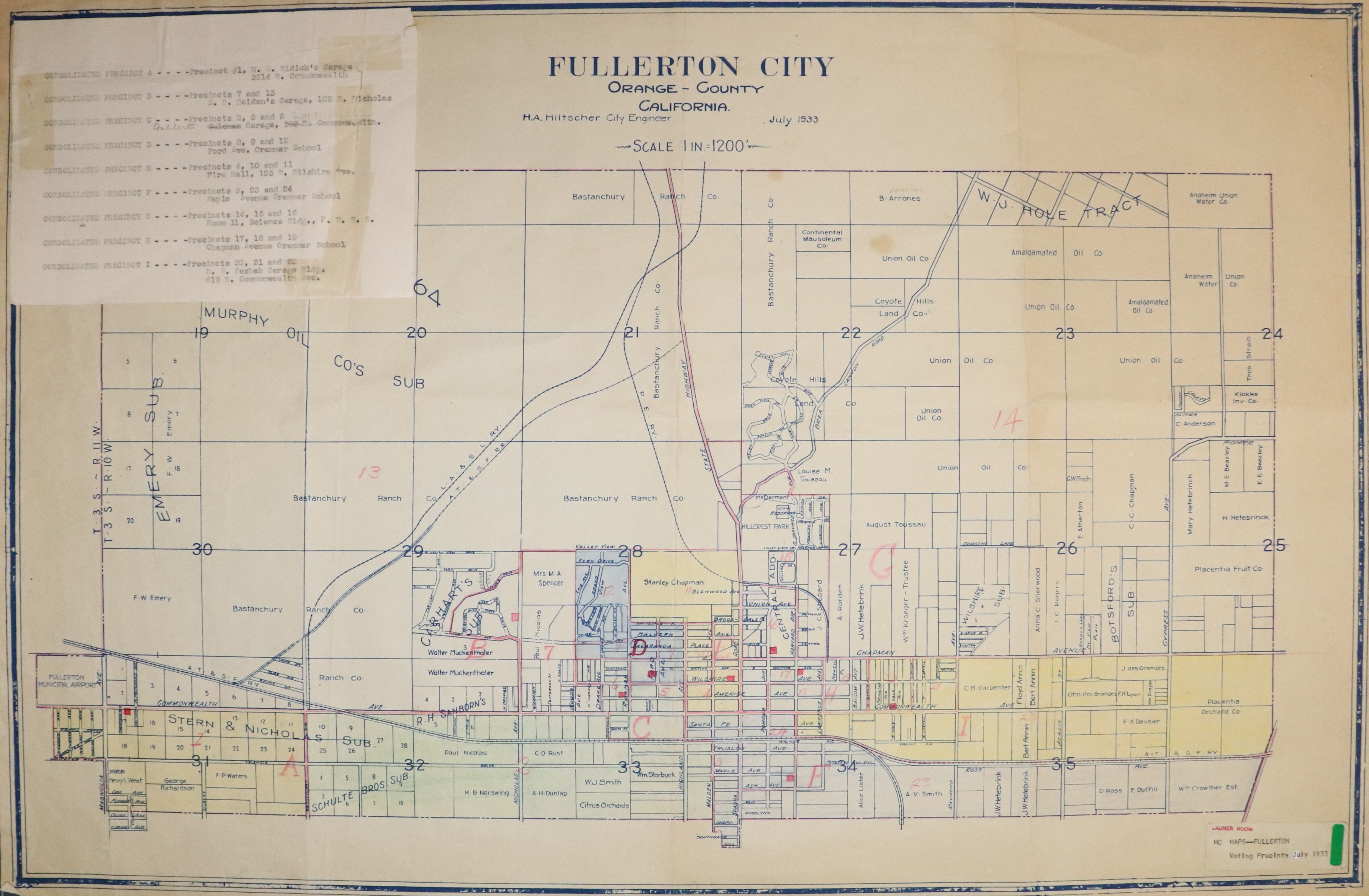A digital scan of the voting precincts map for the City of Fullerton from 1933.