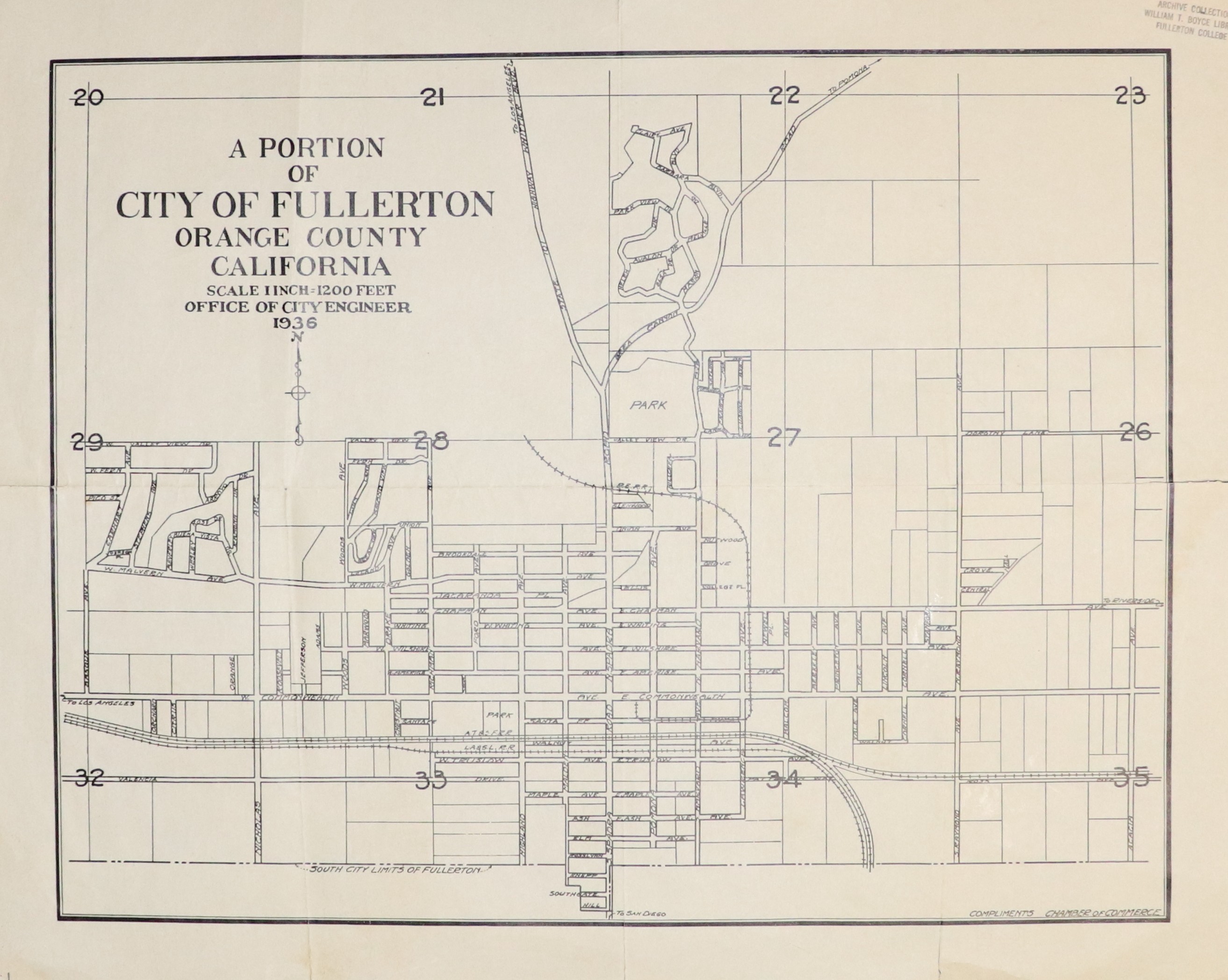 A digital scan of the City of Fullerton Engineering Department map from 1936.