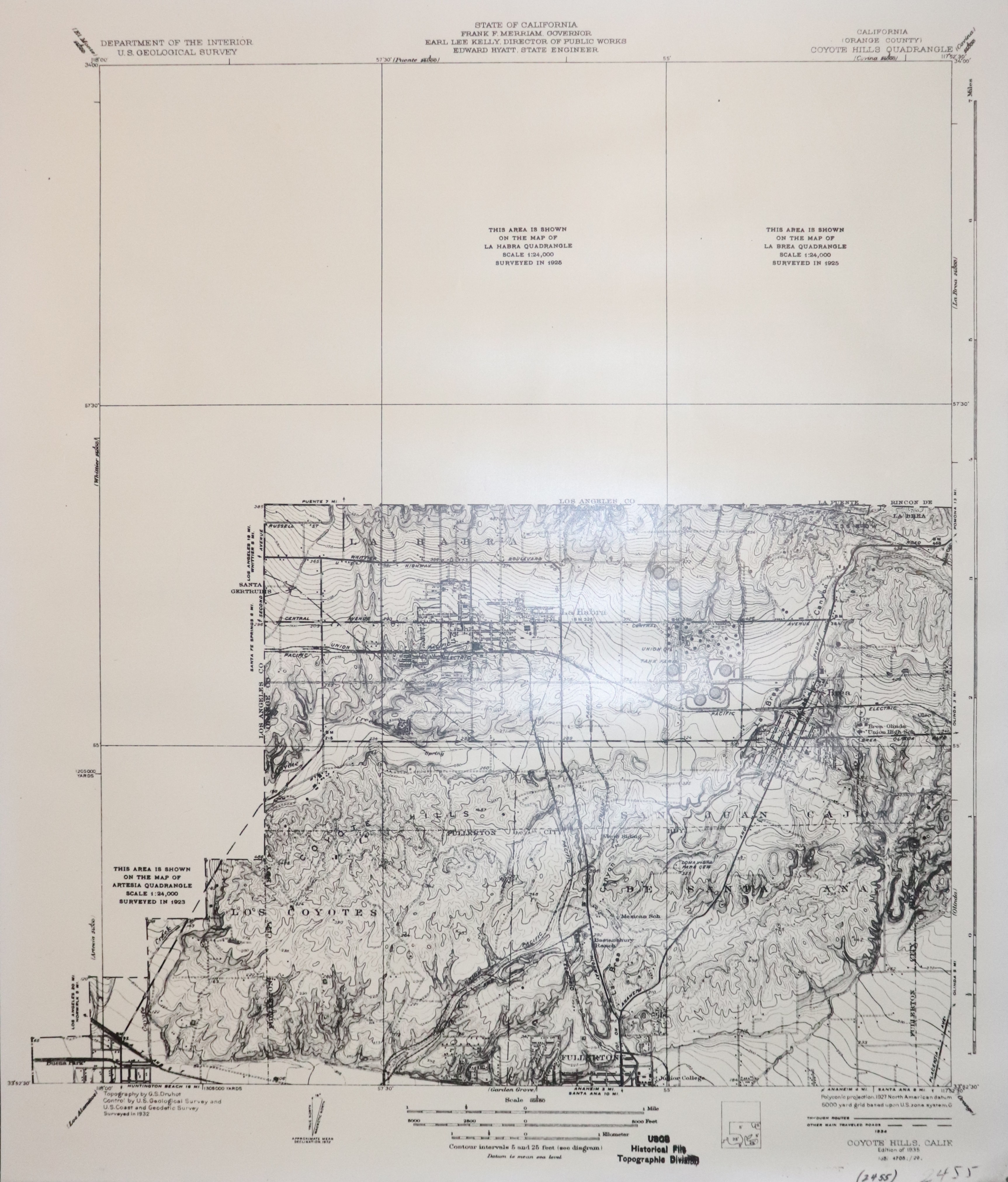 A digital scan of the Coyote Hills Topographic Map from 1935.