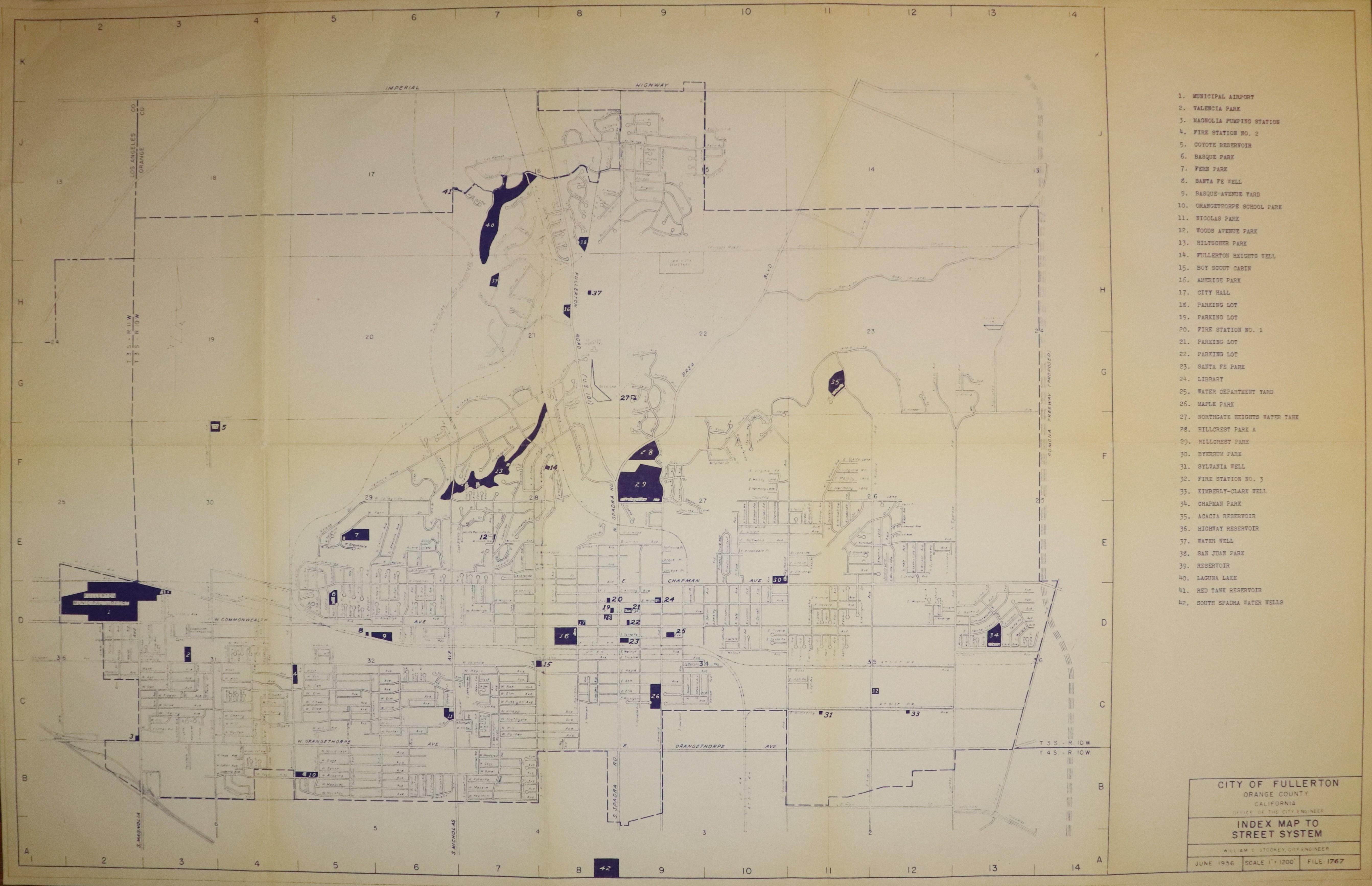 A digital scan of a City Facilities map from 1956.