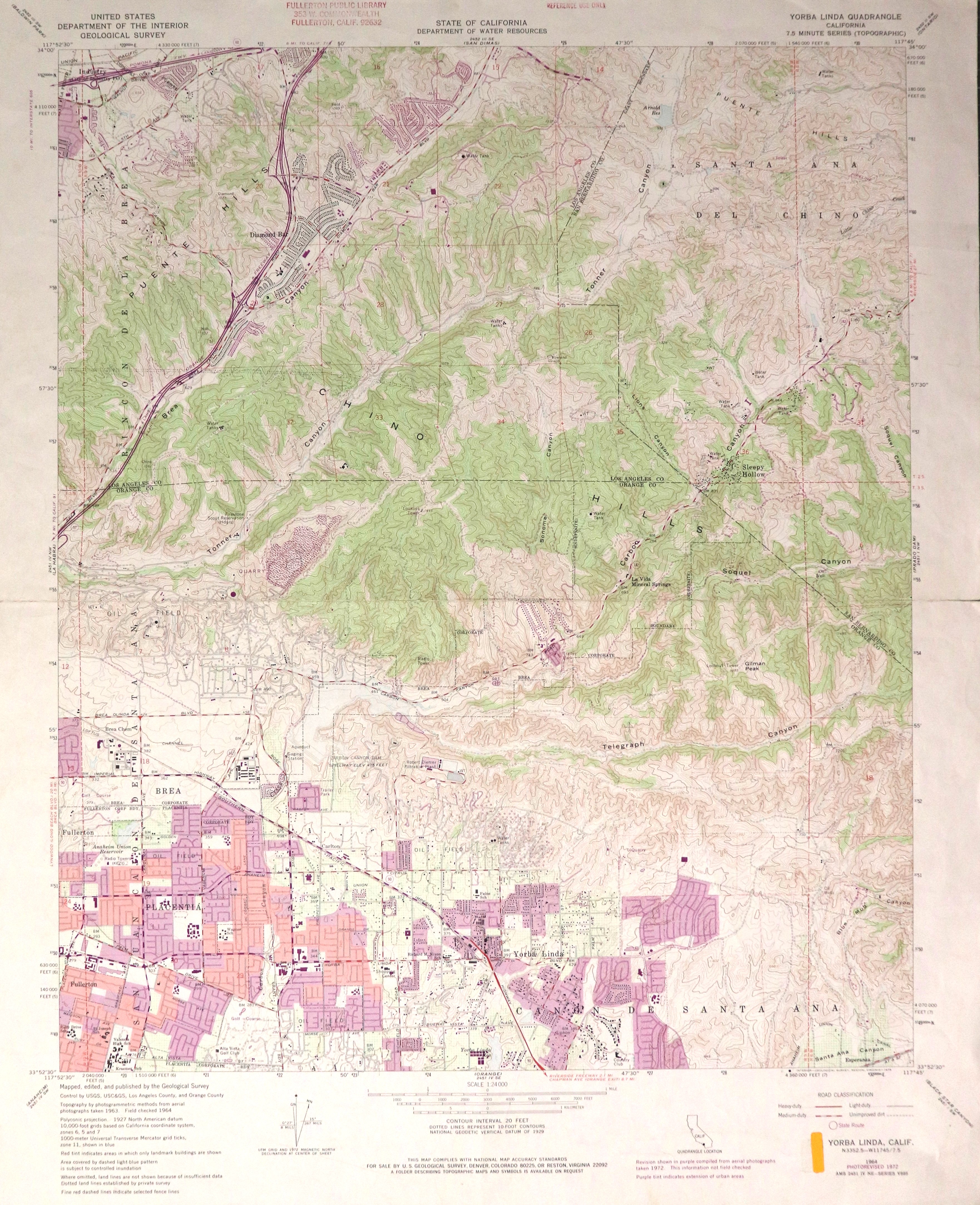 A digital scan of the Yorba Linda Topographic Map from 1972.