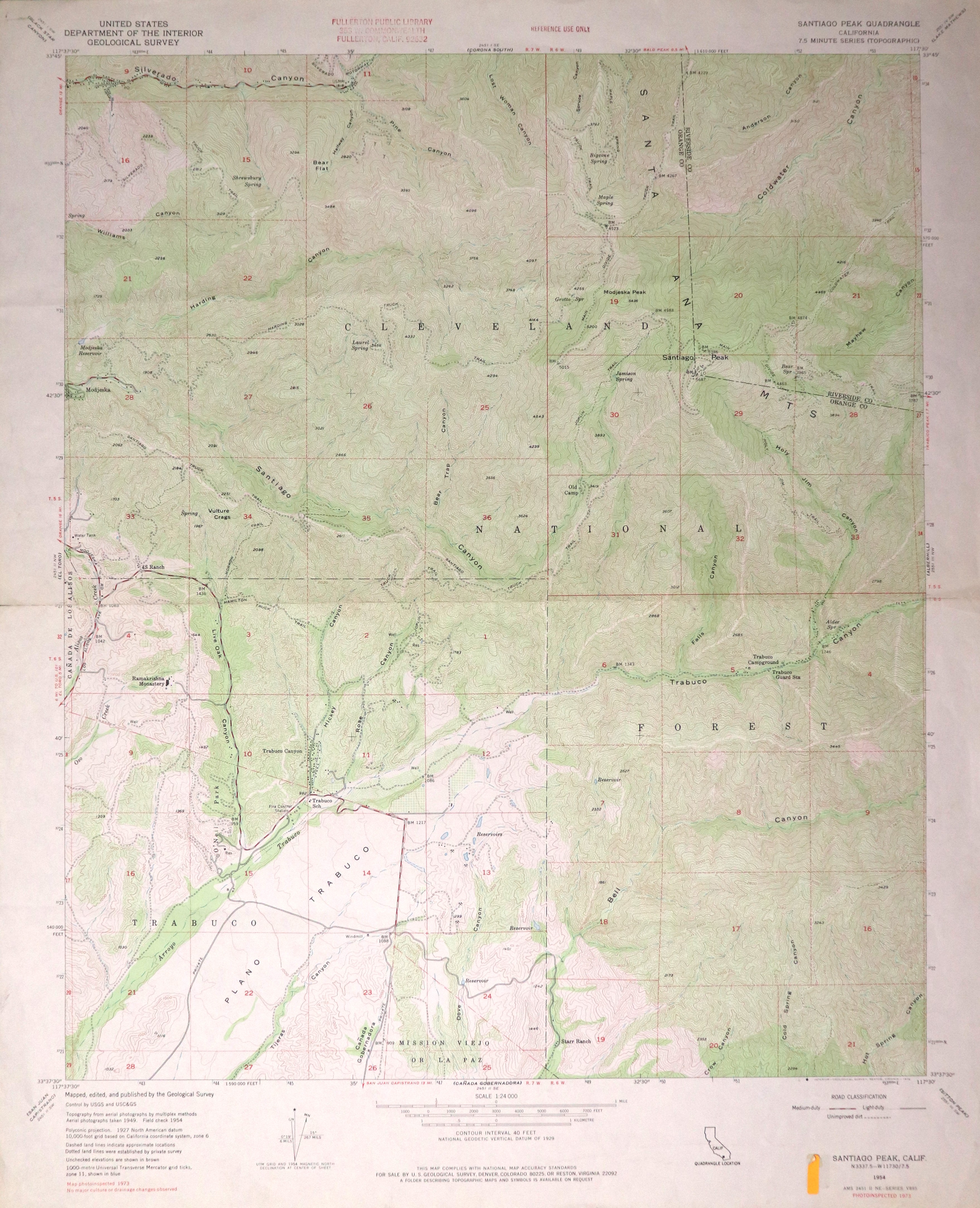 A digital scan of the Santiago Peak Topographic Map from 1973.