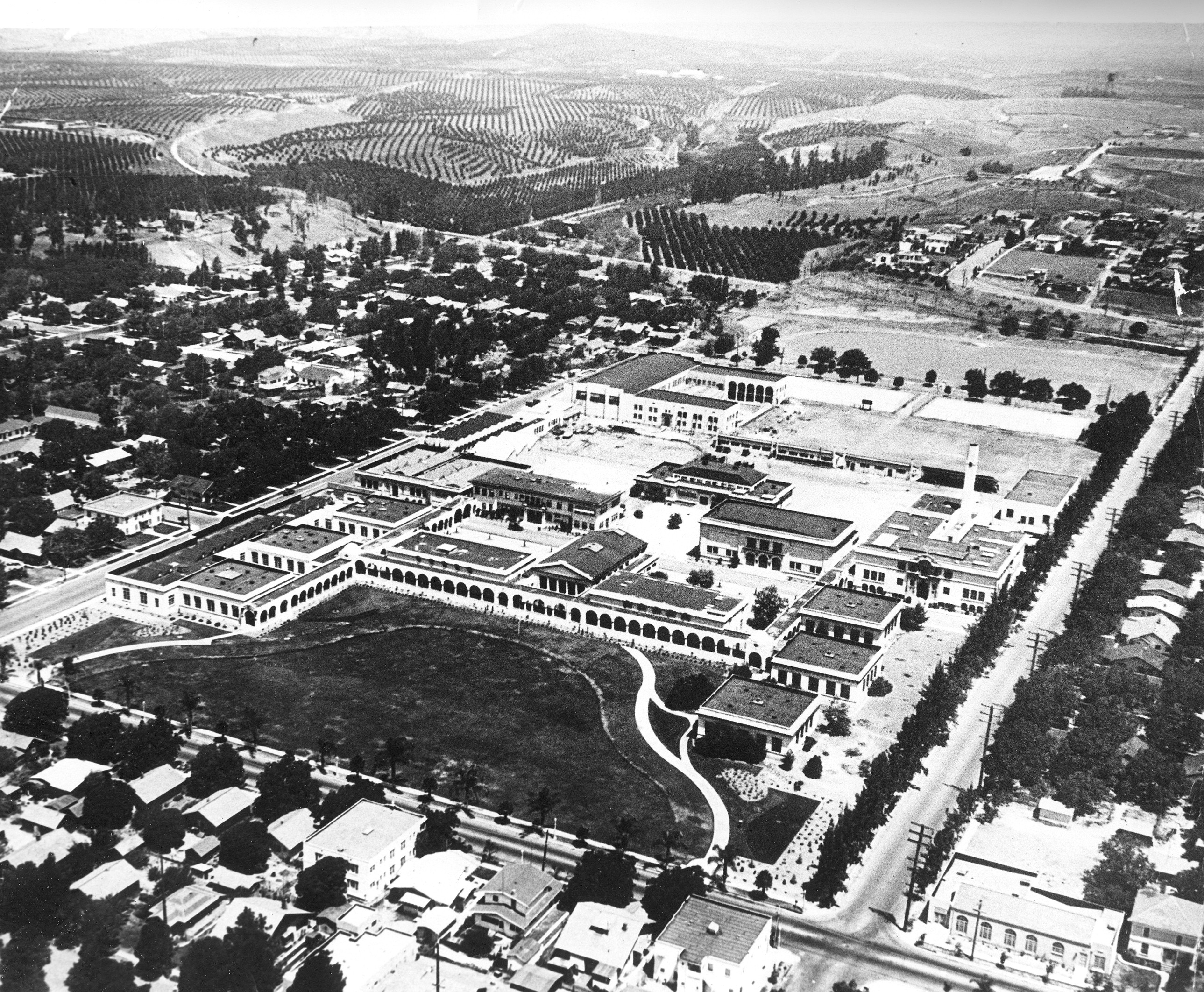 A digital scan of an aerial view of the FUHS campus in 1927.