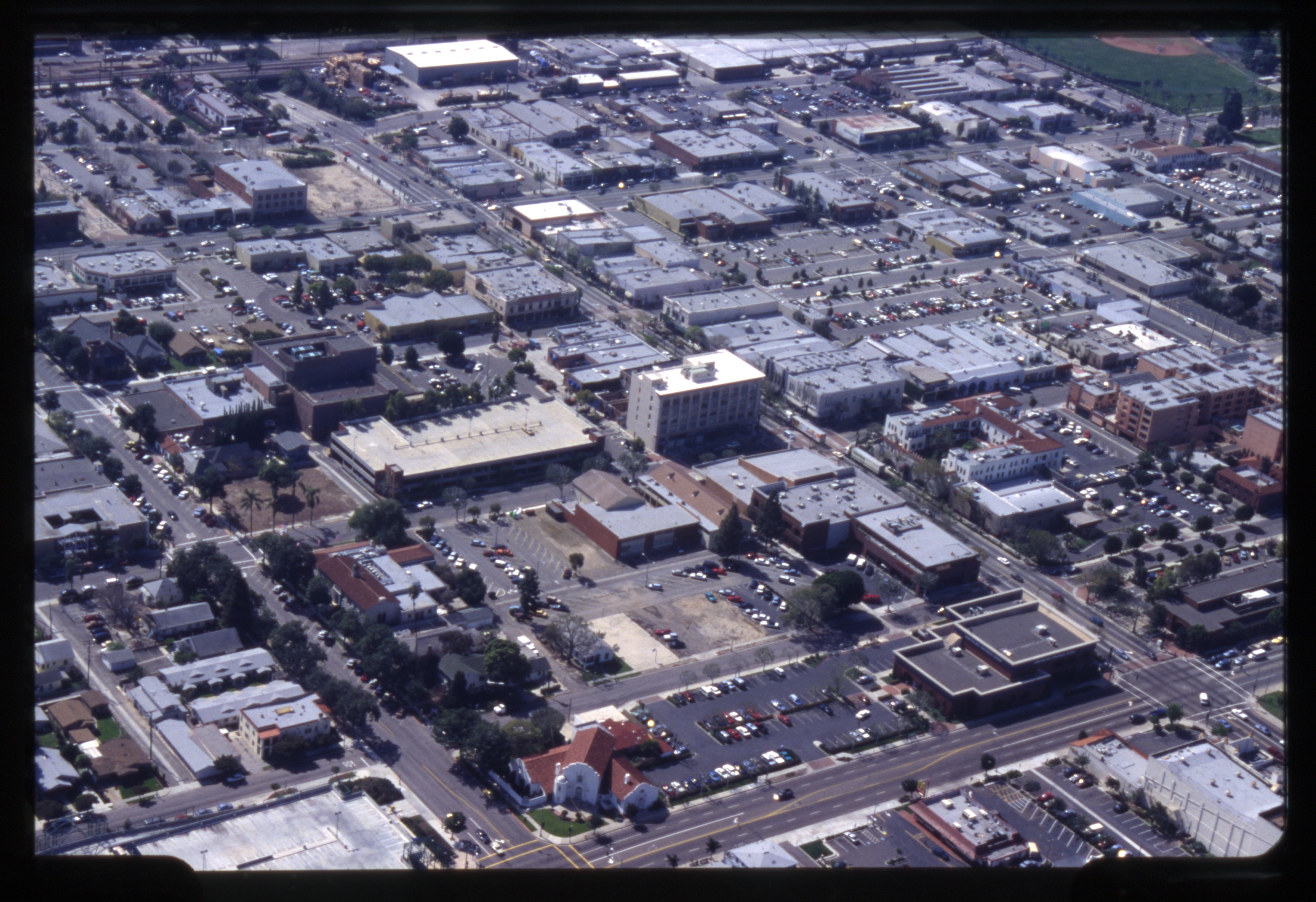 A digital scan of an aerial view of Downtown Fullerton (version A) in 1993.