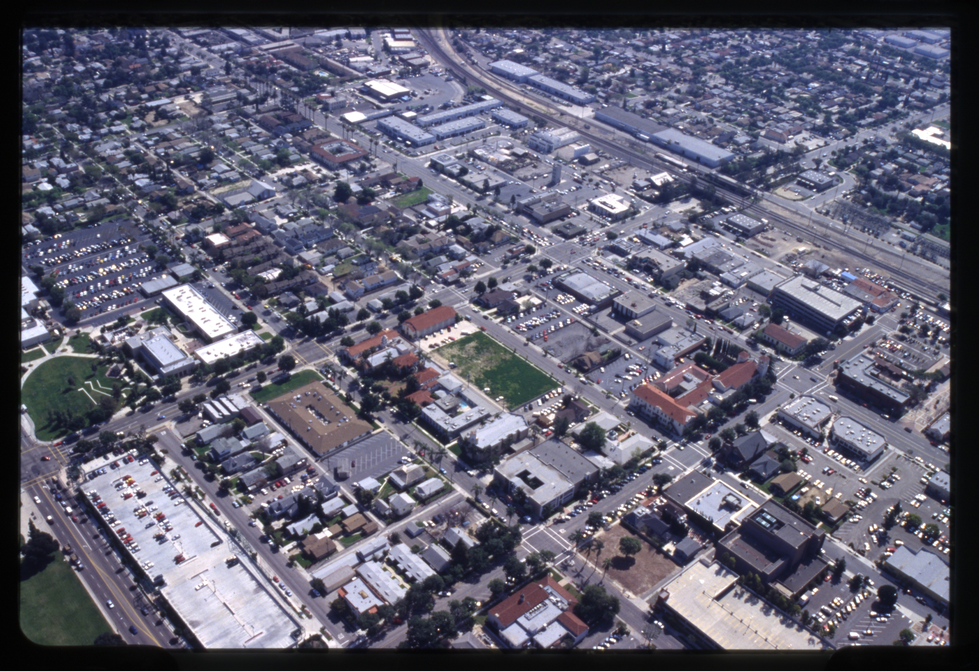 A digital scan of an aerial view of Downtown Fullerton (version C) in 1993.