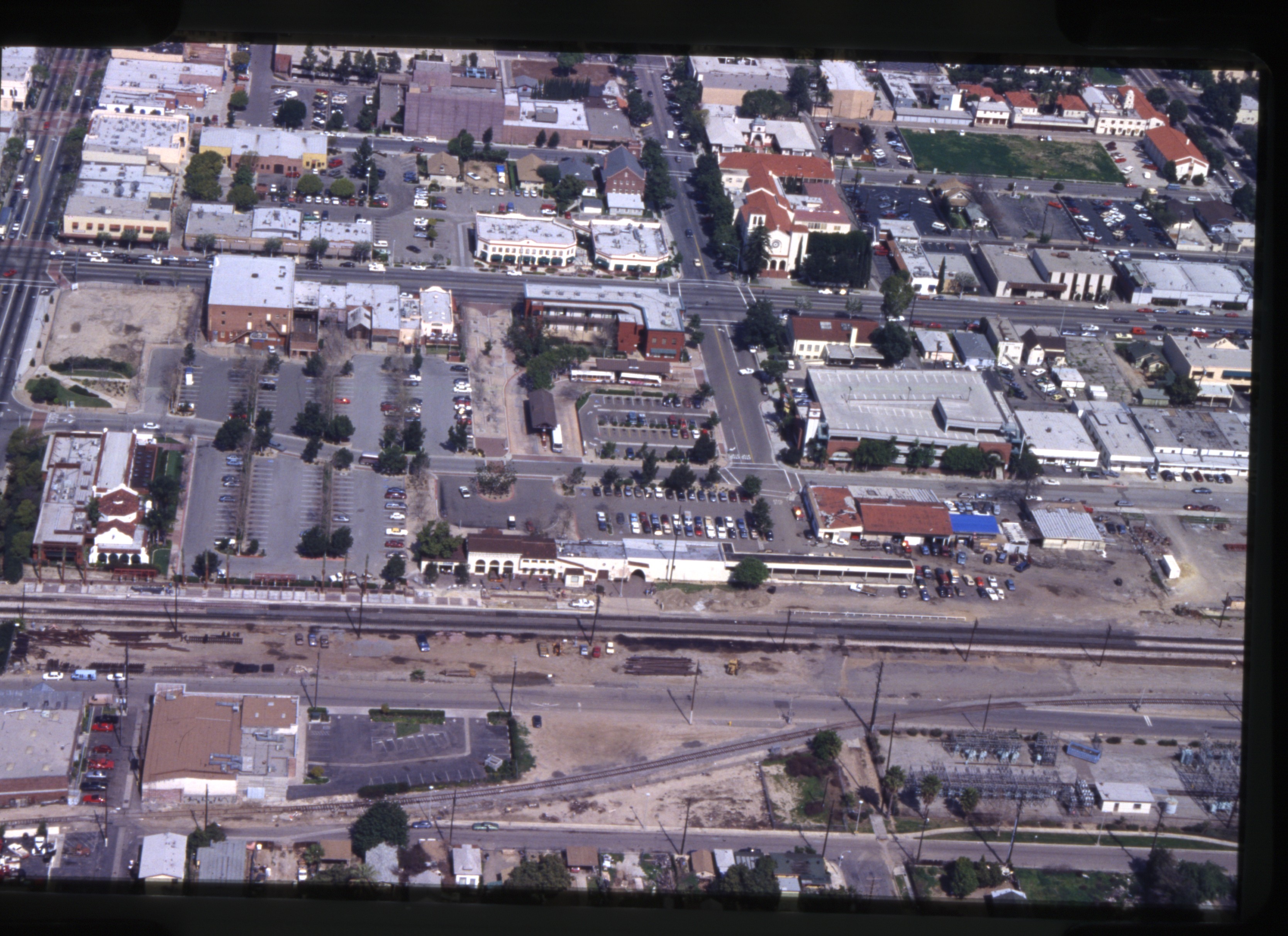 A digital scan of an aerial view of Downtown Fullerton (version E) in 1993.