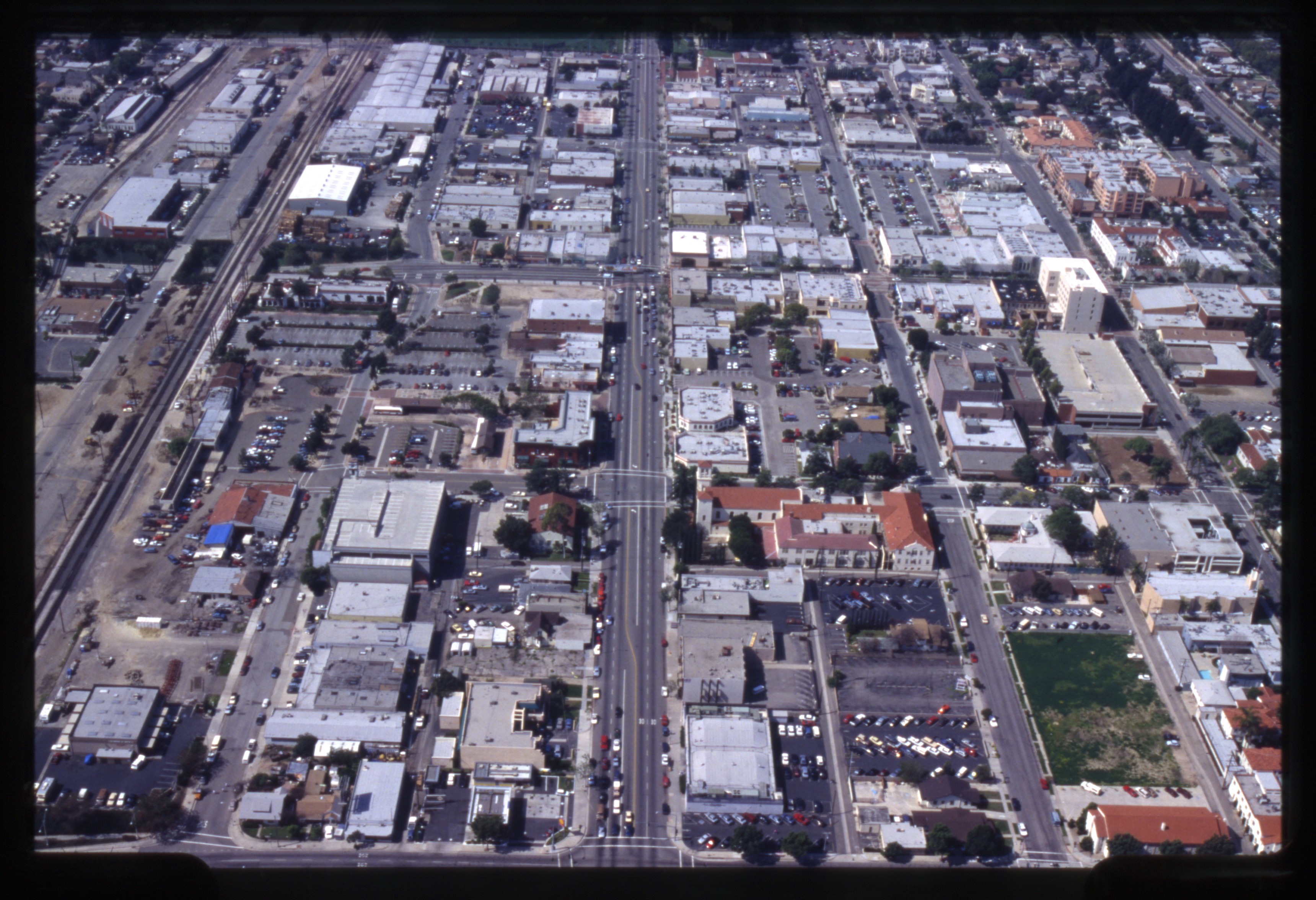 A digital scan of an aerial view of Downtown Fullerton (version F) in 1993.