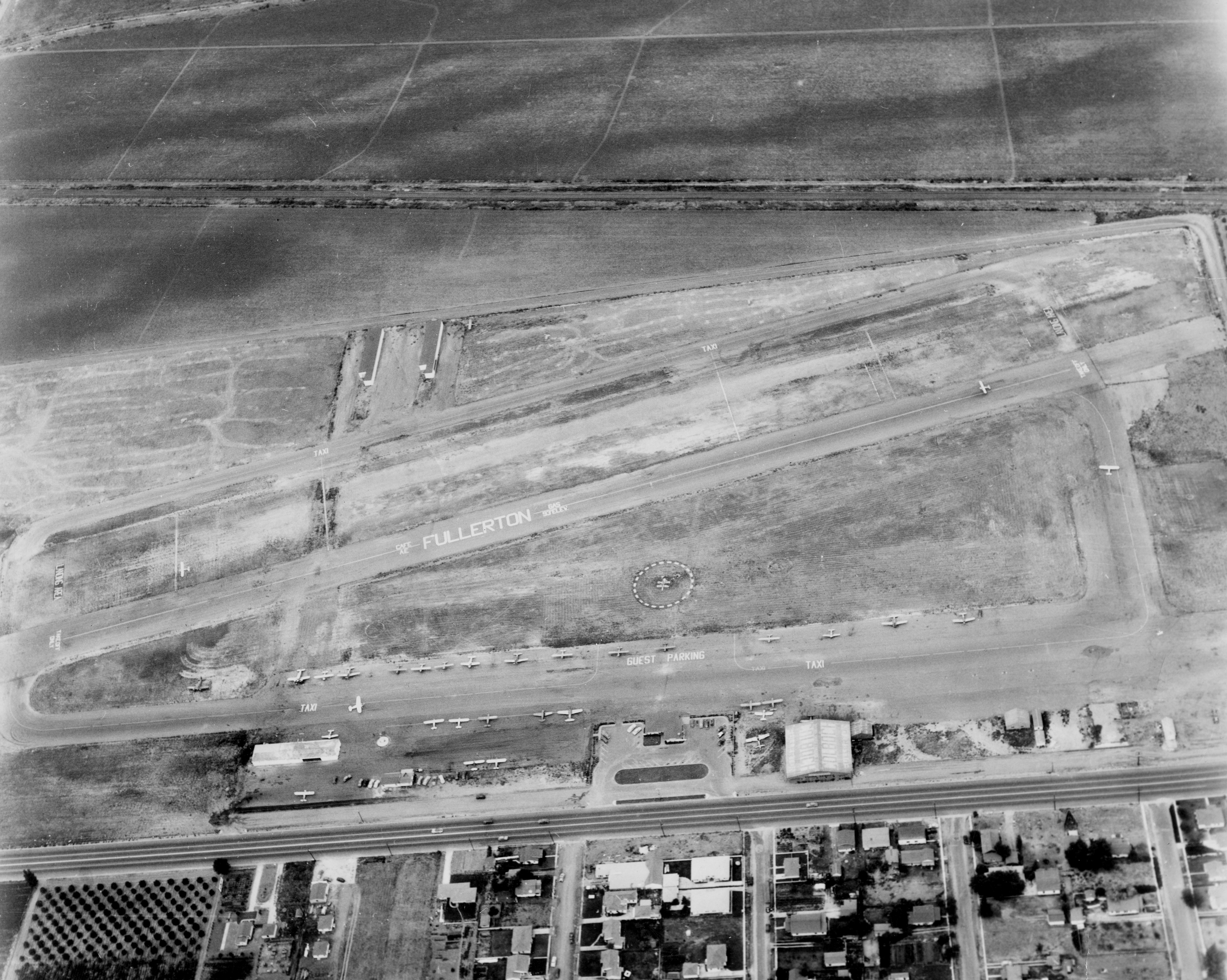 A digital scan of an aerial view of the Fullerton Airport in 1946.