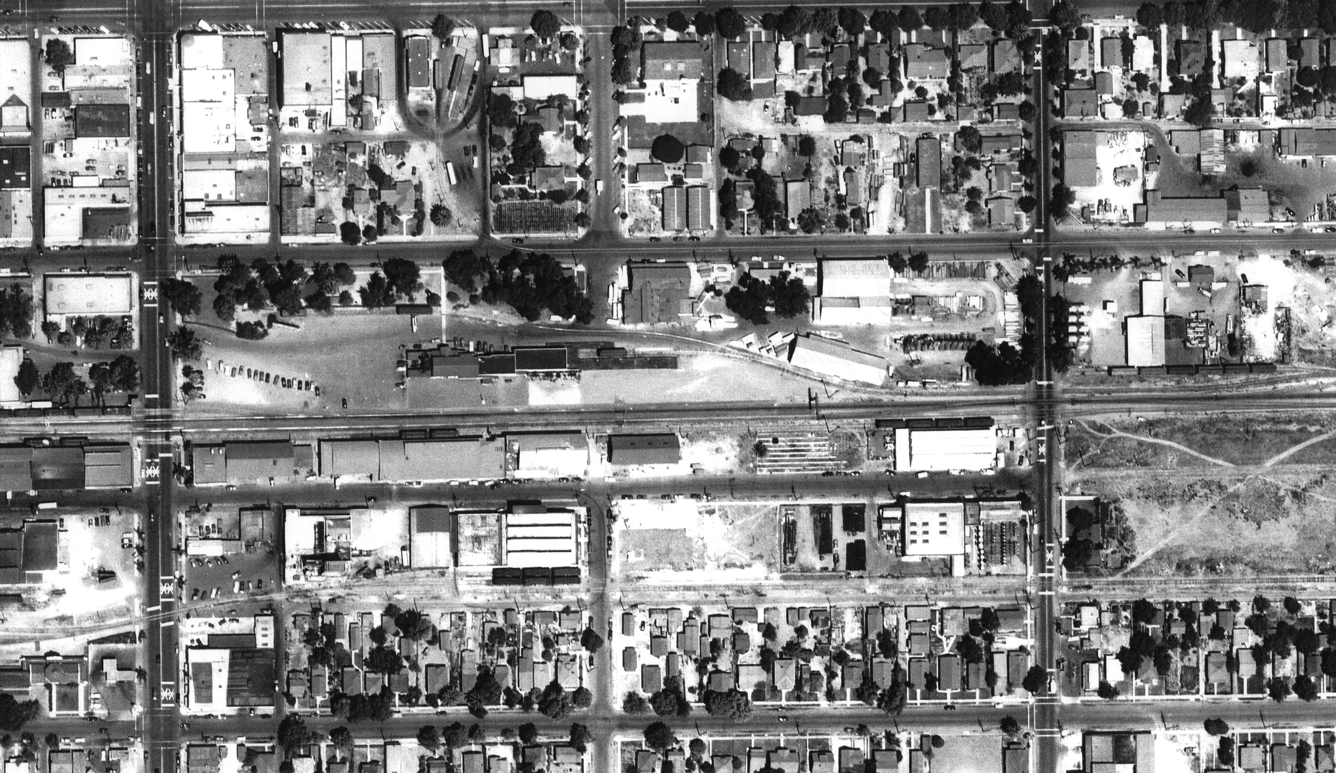 A digital scan of an aerial view of the Santa Fe Depot Area in 1947.