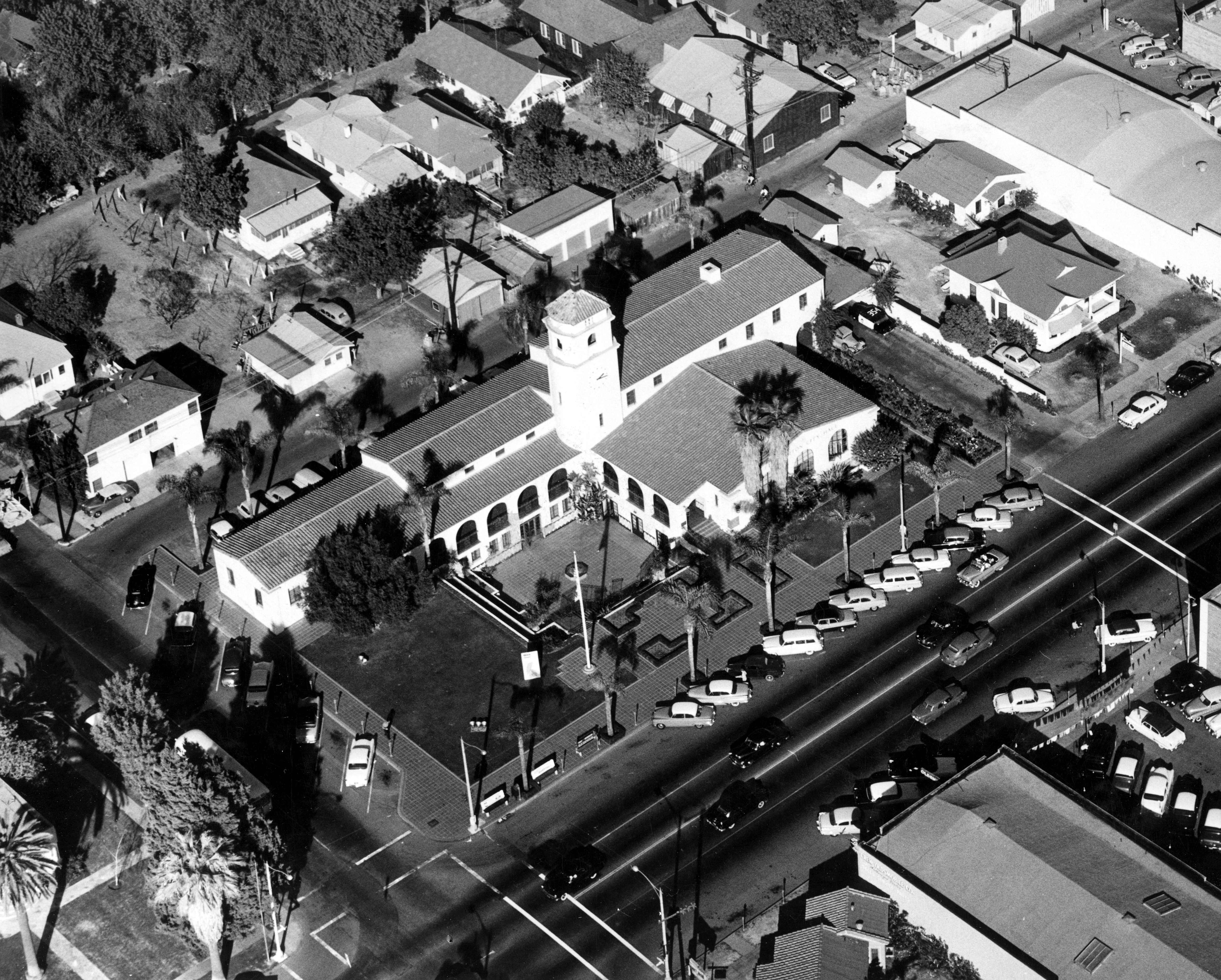 A digital scan of an aerial view of Fullerton City Hall in 1953.