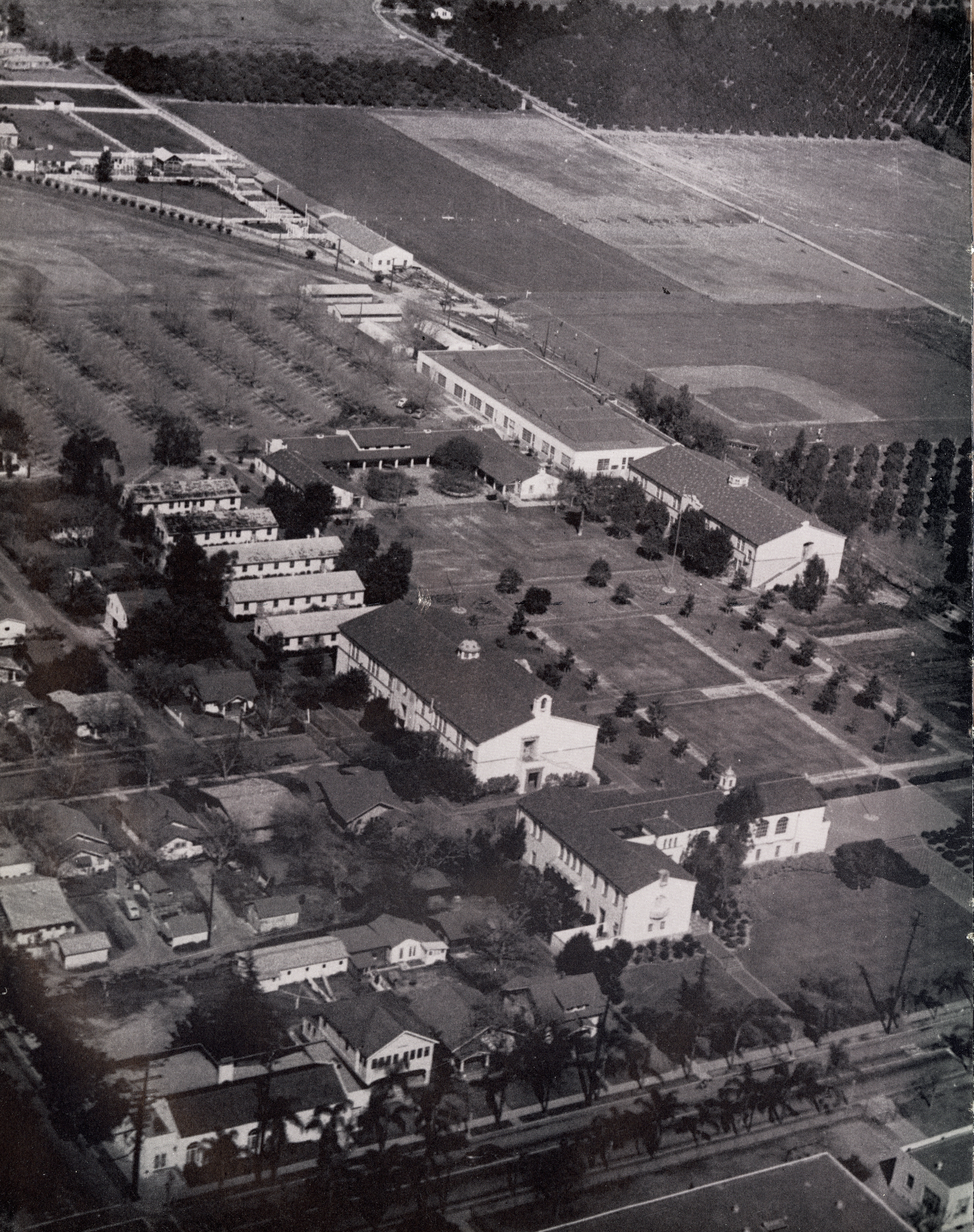 A digital scan of an aerial view of Fullerton College in 1954.