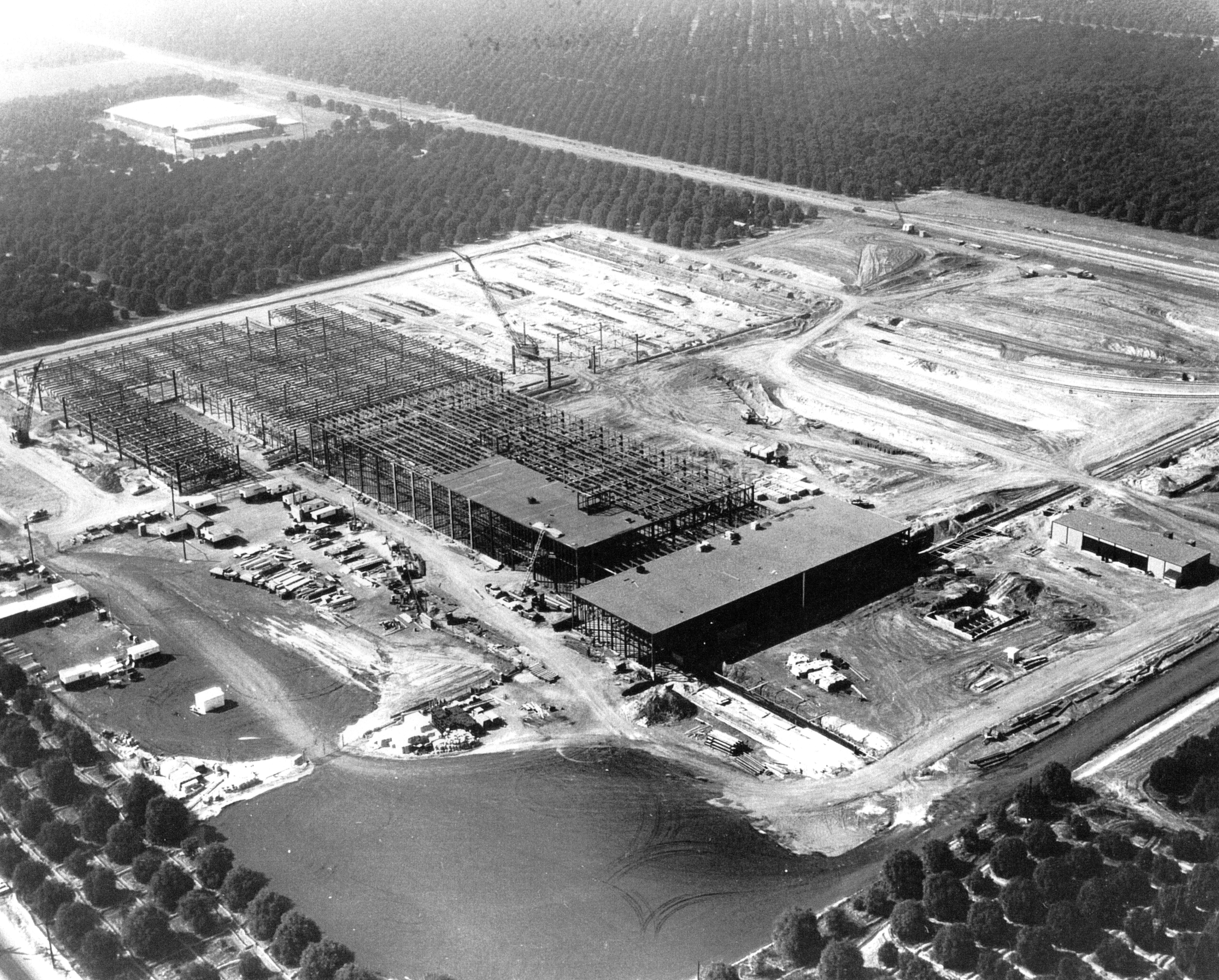 A digital scan of an aerial view of the Kimberly Clark plant (looking northwest) under construction in 1955.