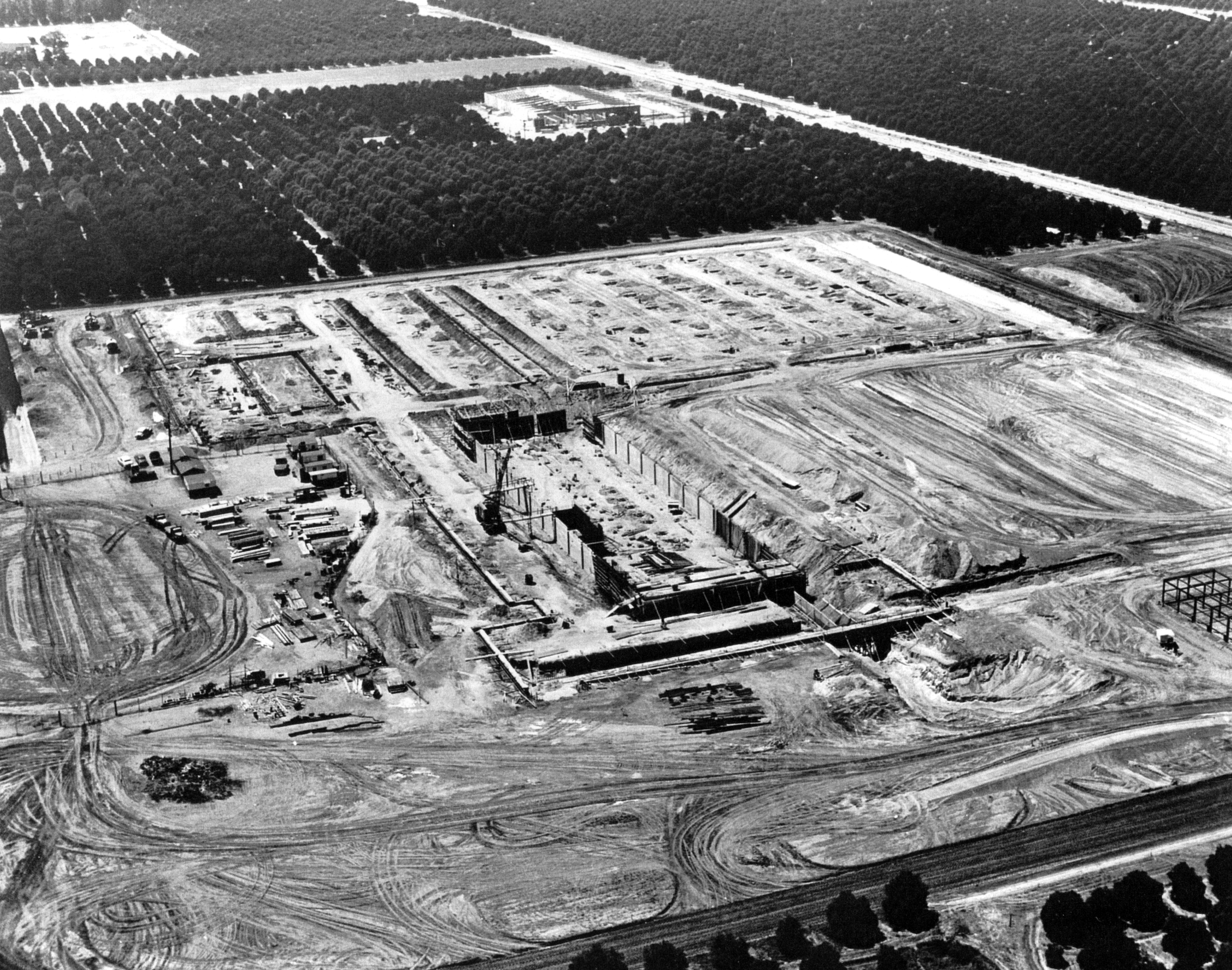A digital scan of an aerial view of the Kimberly Clark plant (looking west) under construction in 1955.