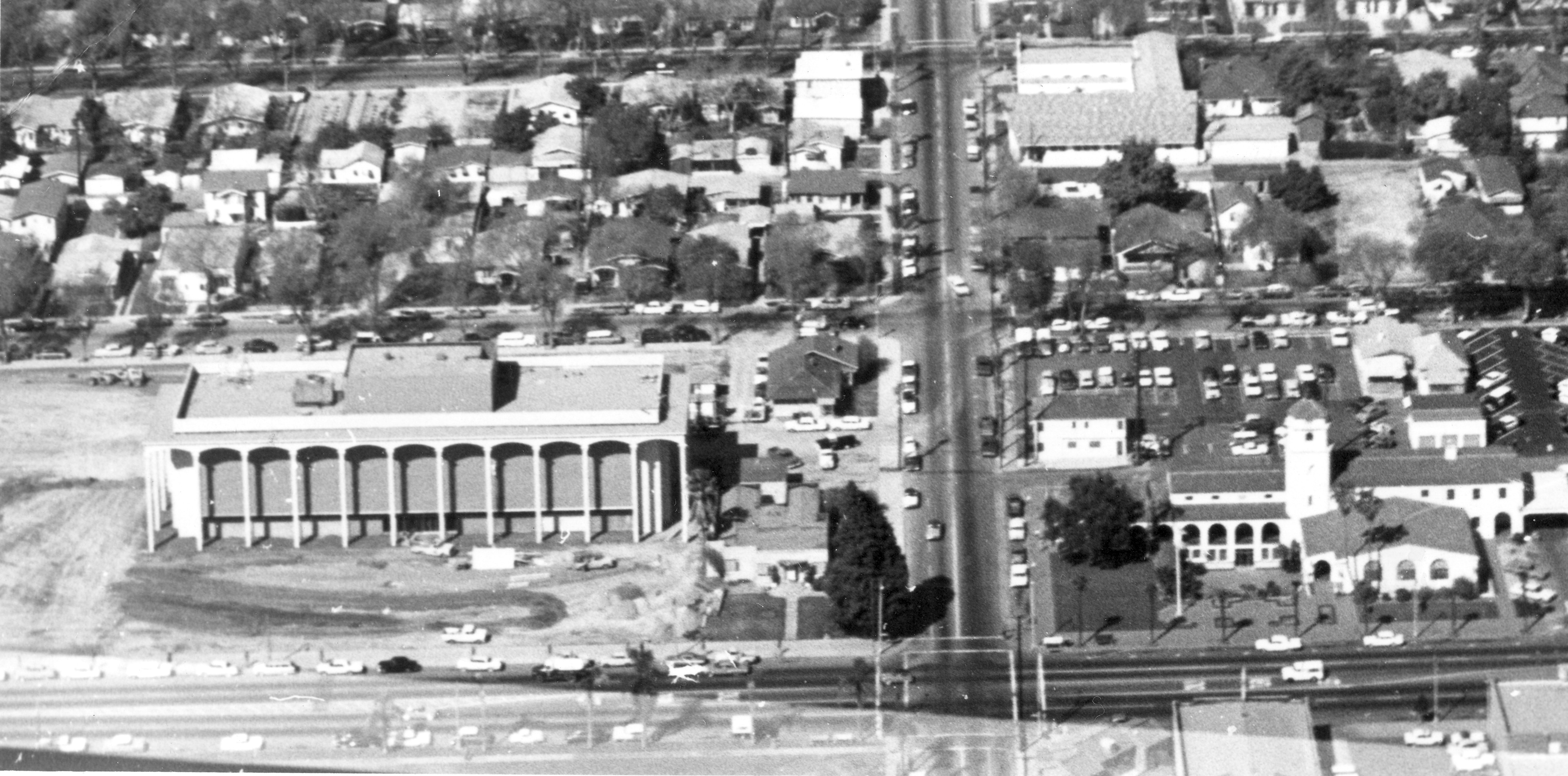 A digital scan of an aerial view of Fullerton City Hall in 1963.