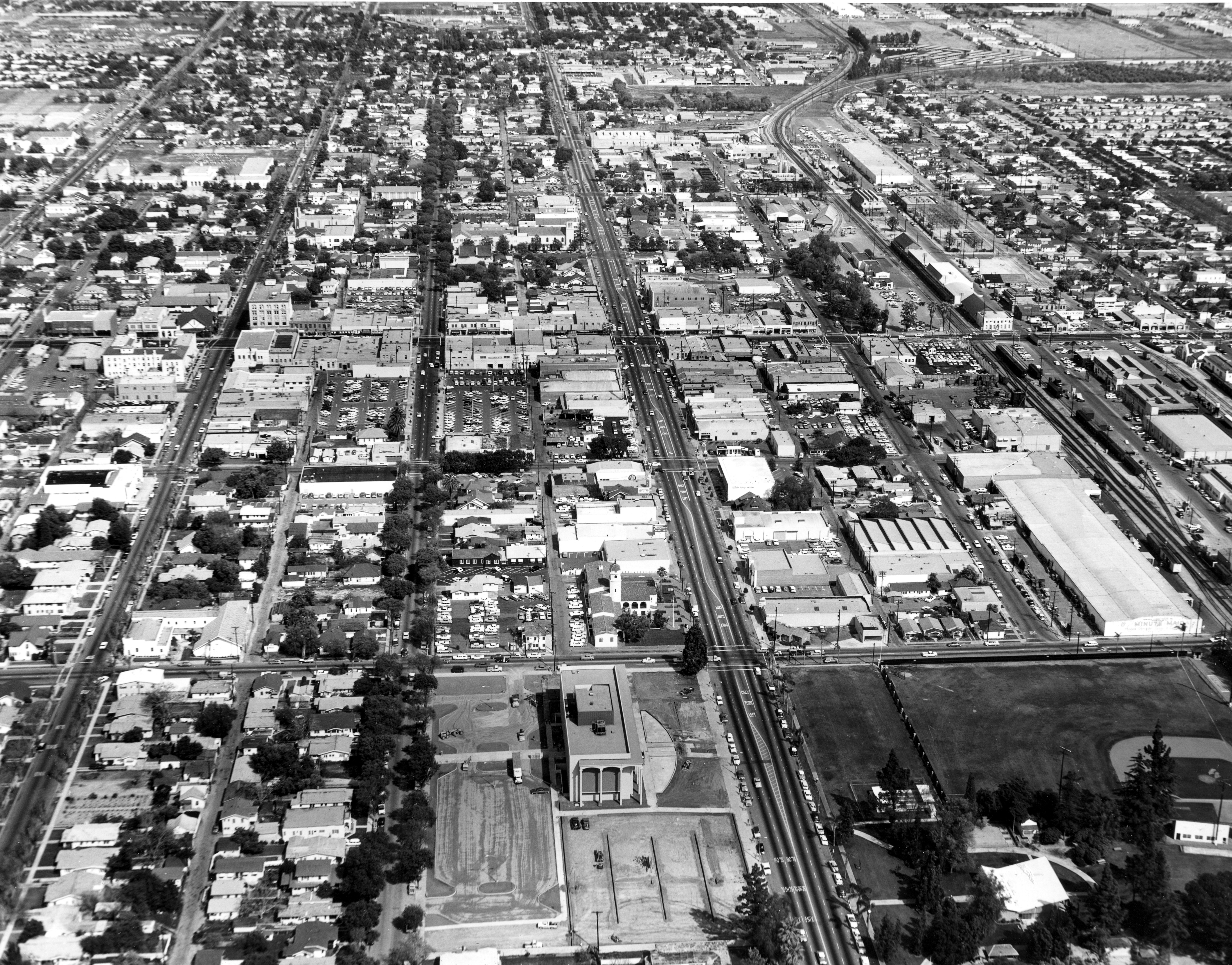 A digital scan of an aerial view of Downtown Fullerton (looking east) in 1963.