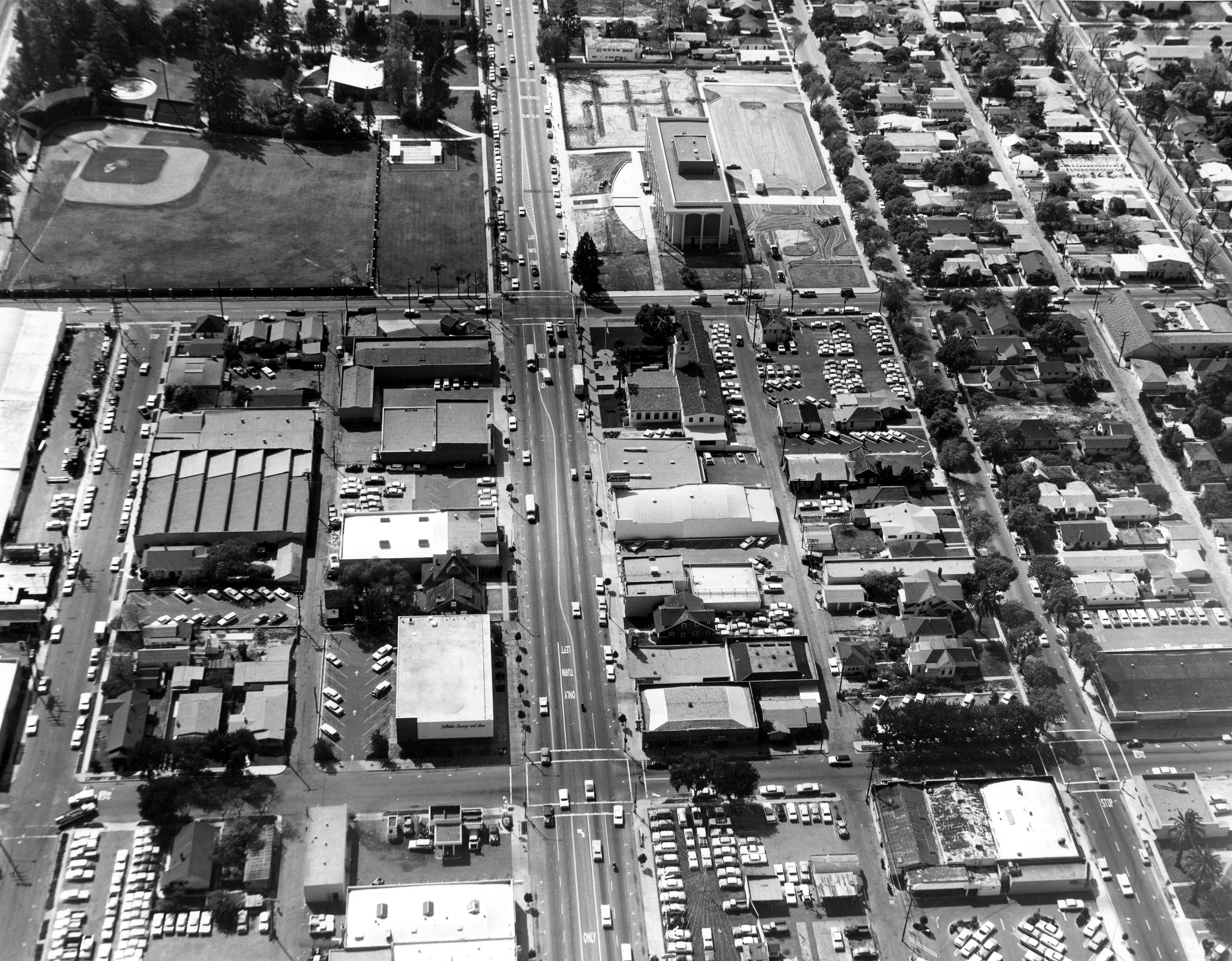 A digital scan of an aerial view of Downtown Fullerton (looking west) in 1963.