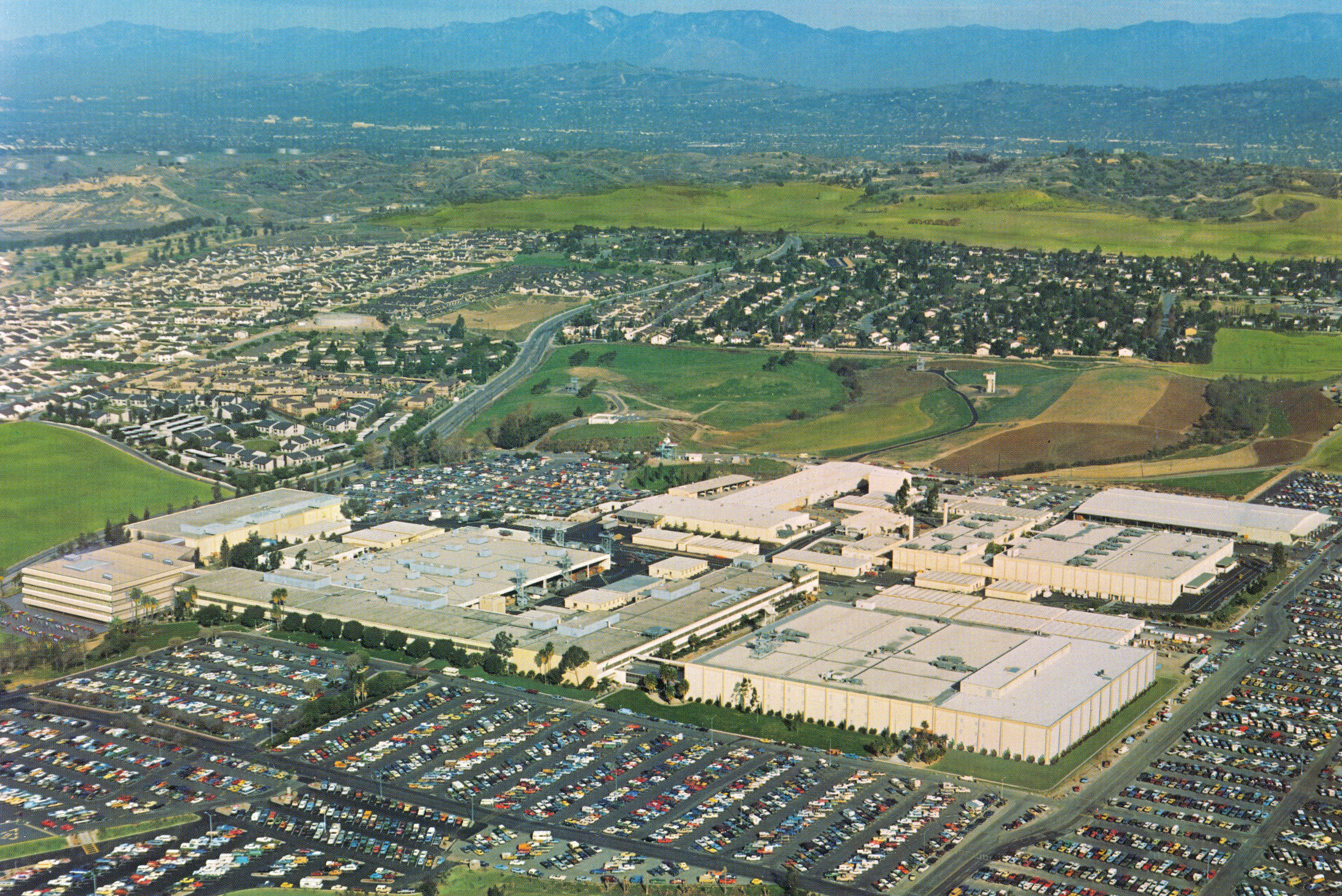 A digital scan of an aerial view of the Hughes Aircraft facility in 1979.