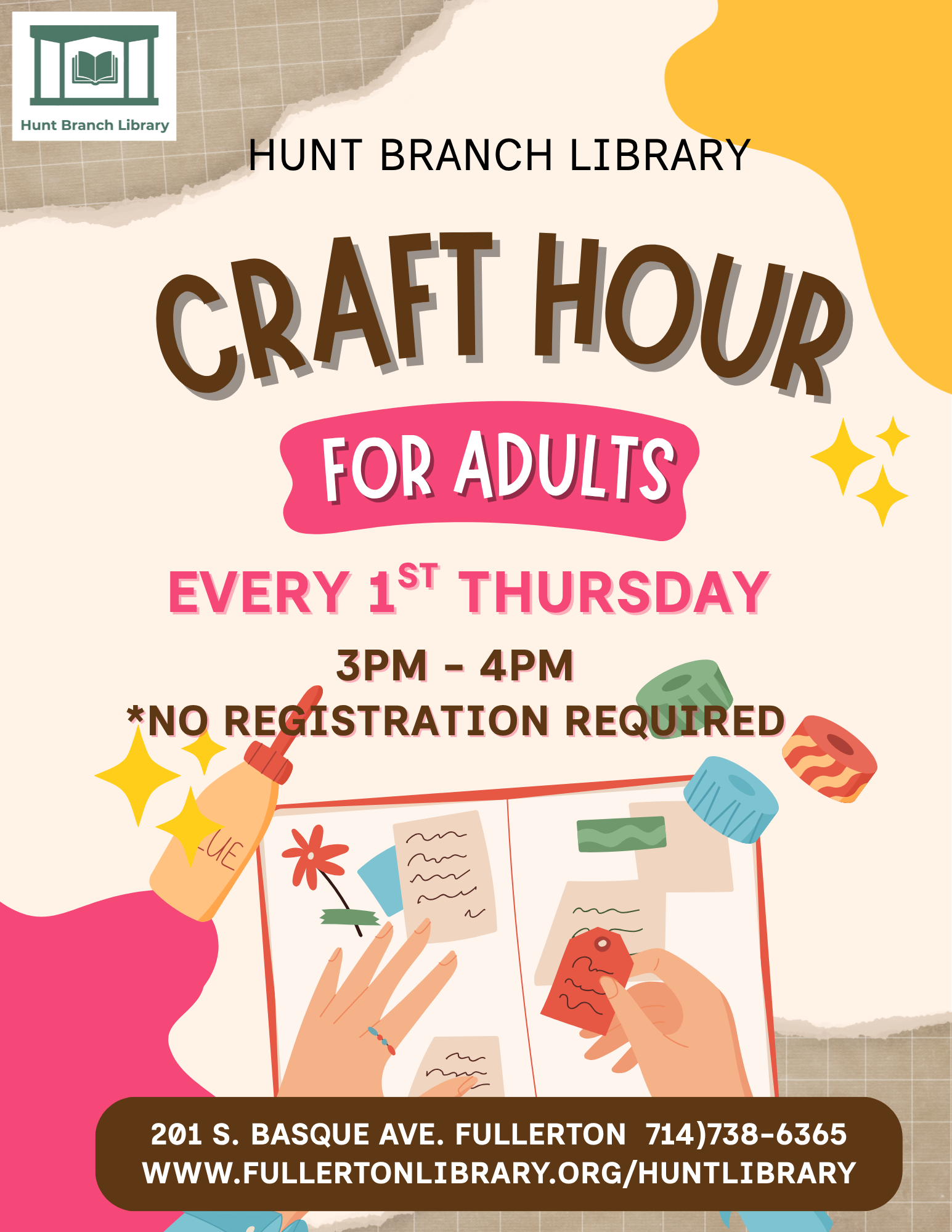Adult Craft Activity at Hunt Library, First Thursday of the Month from 3pm-4pm.