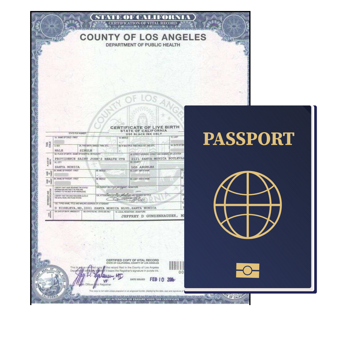 Image of a birth certificate and passport