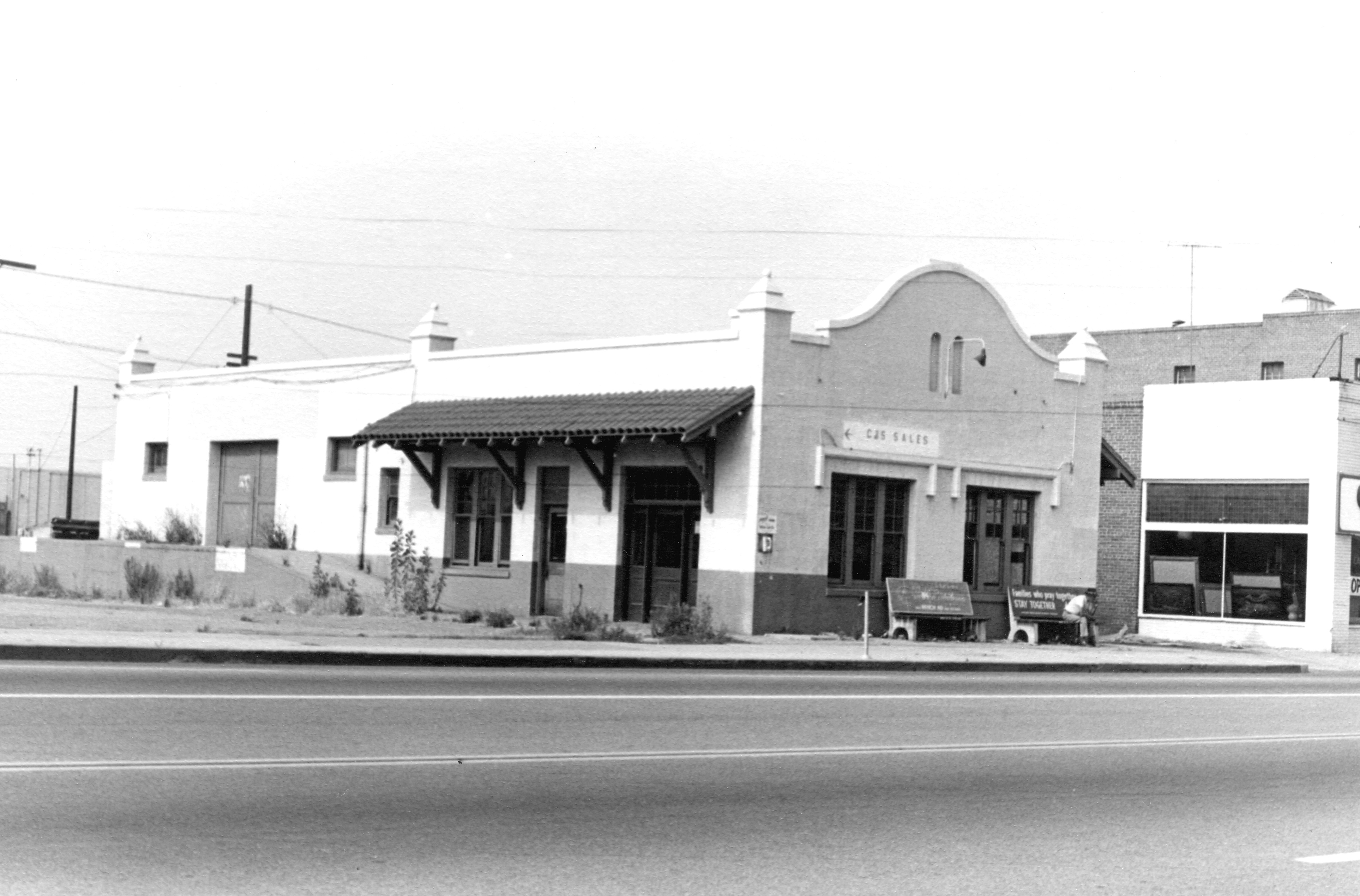 A black and white photograph of the Pacific Electric Depot taken in 1978 for the Historical Building Survey.