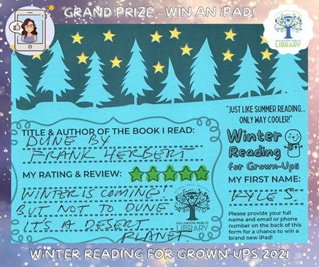 Photograph of a completed entry card for the Adult Winter Reading Club program