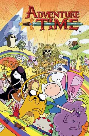 Adventure-Time-by-Ryan-North-A-colorful-picture-of-the-land-of-Ooo-with-the-all-the-characters-in-front,-Finn-is-fist-bumping-Jake-and-pushing-Lumpy-Space-princess-out-of-the-way.-