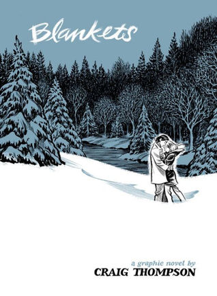 Blankets-by-Craig-Thompson-A-snowy-lane-surrounded-by-tall-trees.-A-couple-embraces-in-the-foreground